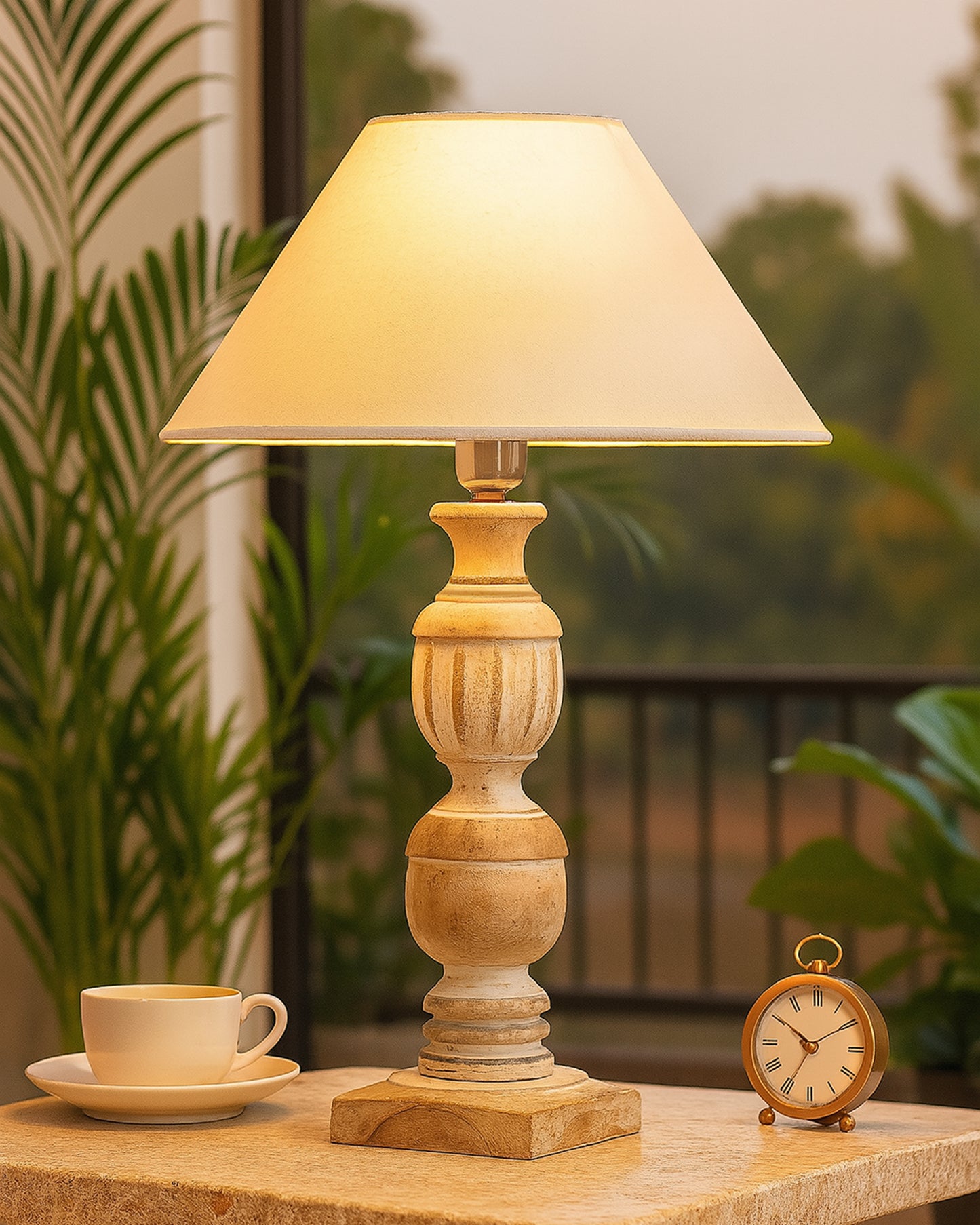 Antique White French Trophy Carved Table lamp with Cone Shade