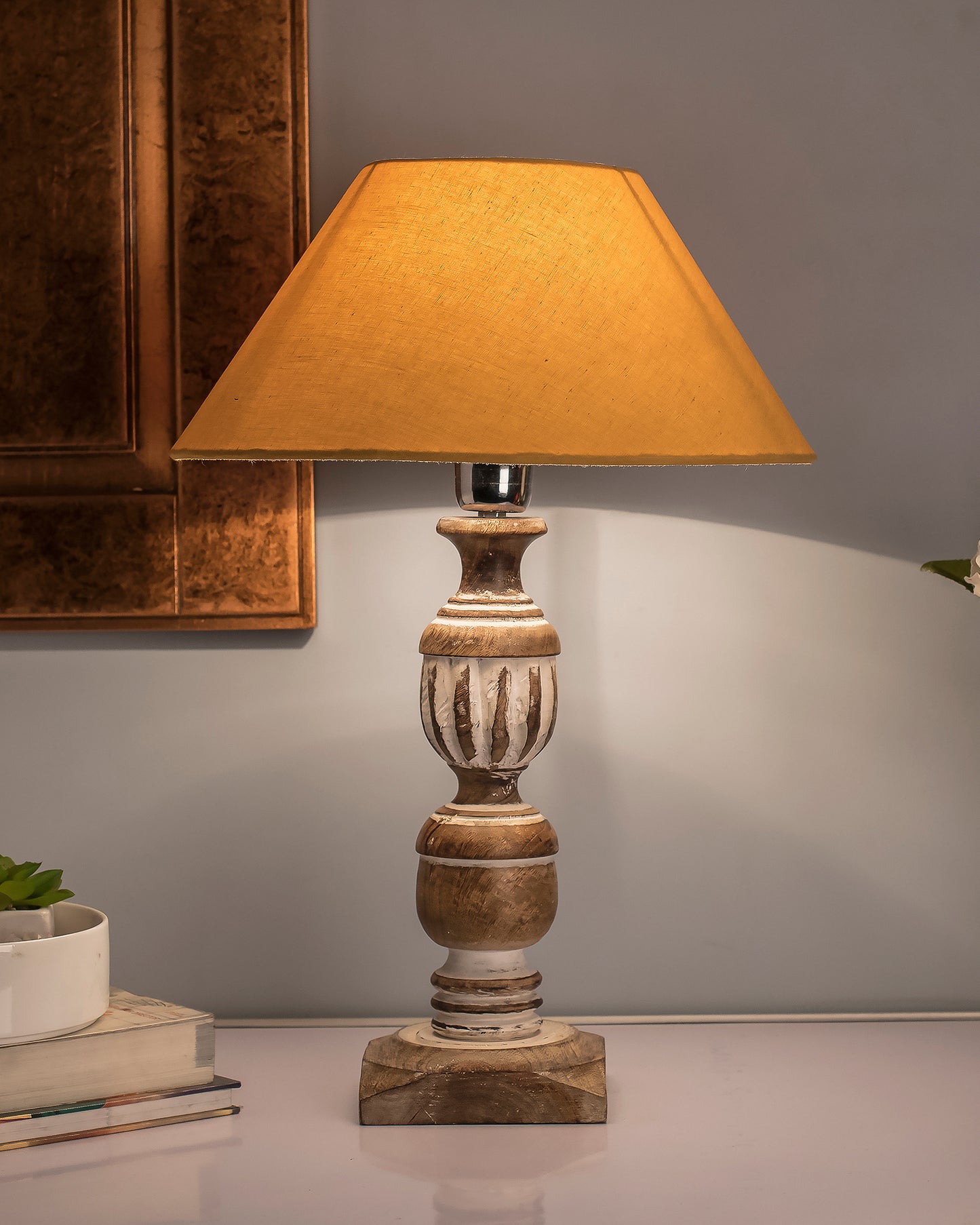Antique White French Trophy Carved Table lamp with Cone Shade