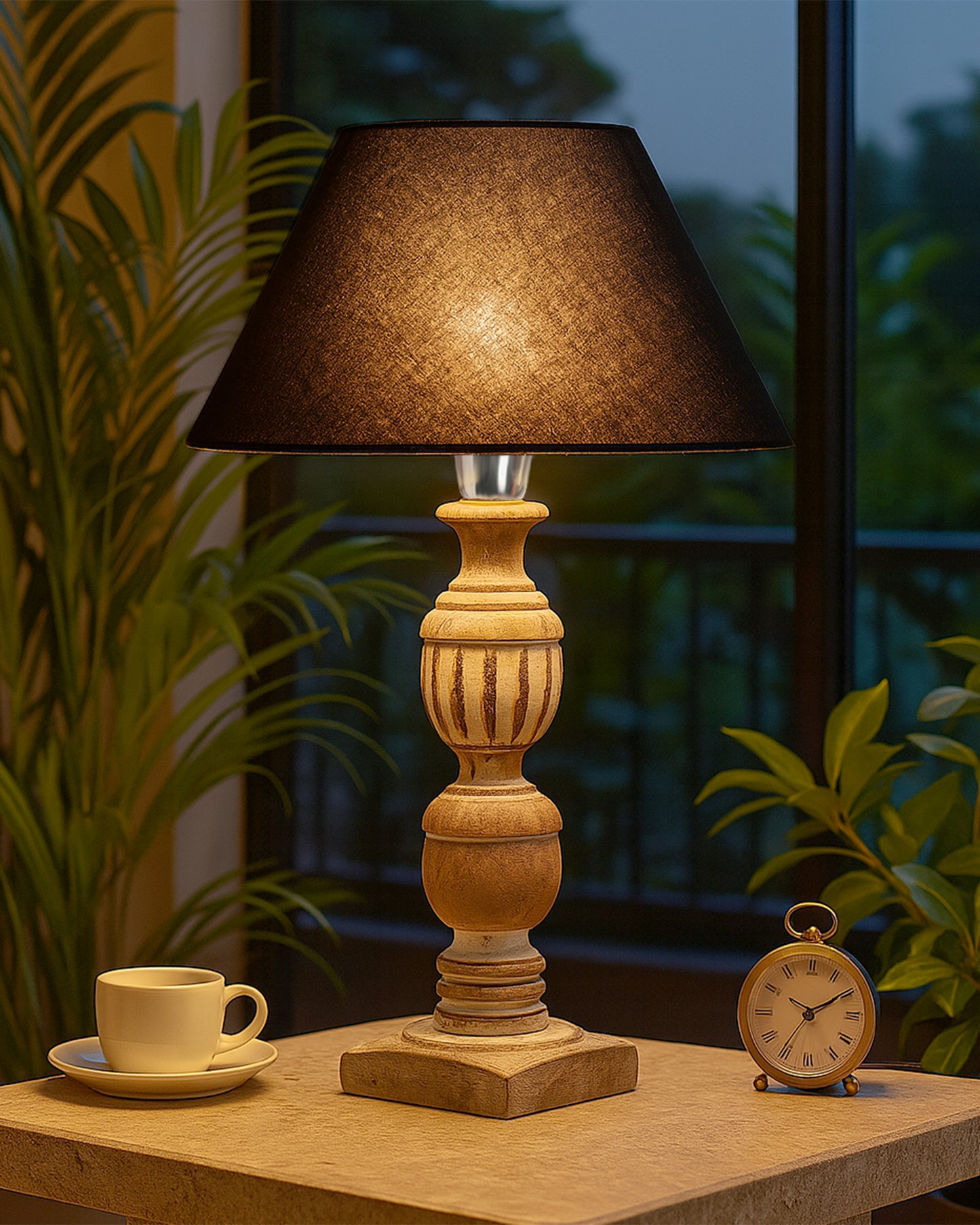 Antique White French Trophy Carved Table lamp with Cone Shade