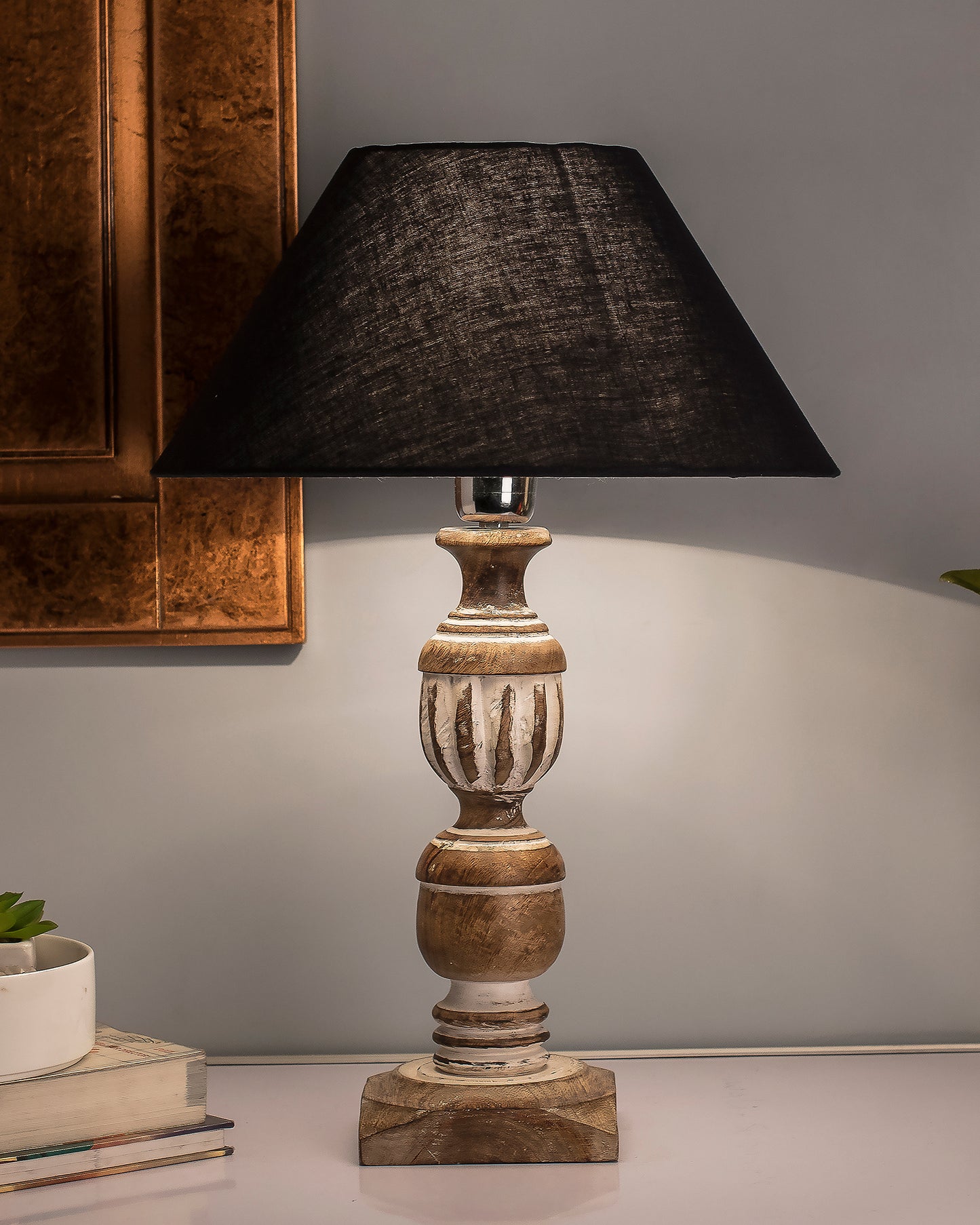 Antique White French Trophy Carved Table lamp with Cone Shade