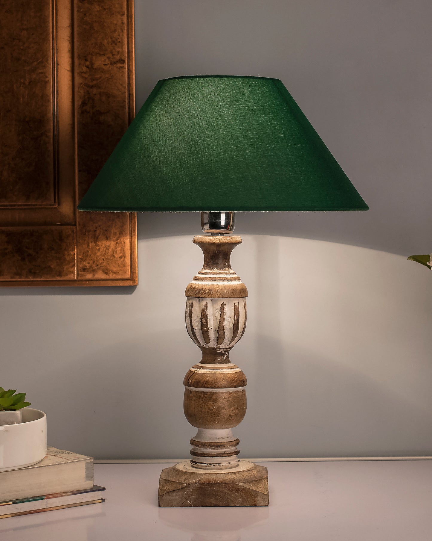 Antique White French Trophy Carved Table lamp with Cone Shade