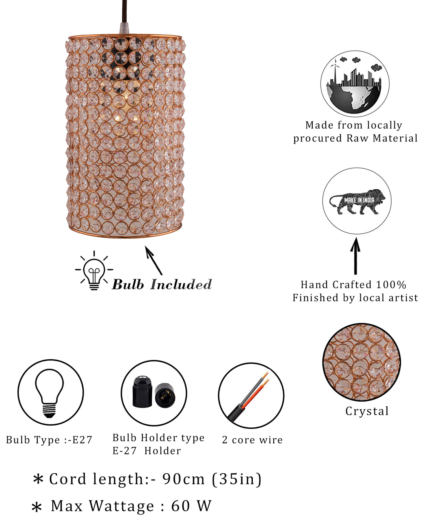 Crystal Hanging Copper Barrel Pendant, Rose Gold, Hanging Ceiling Light, Large