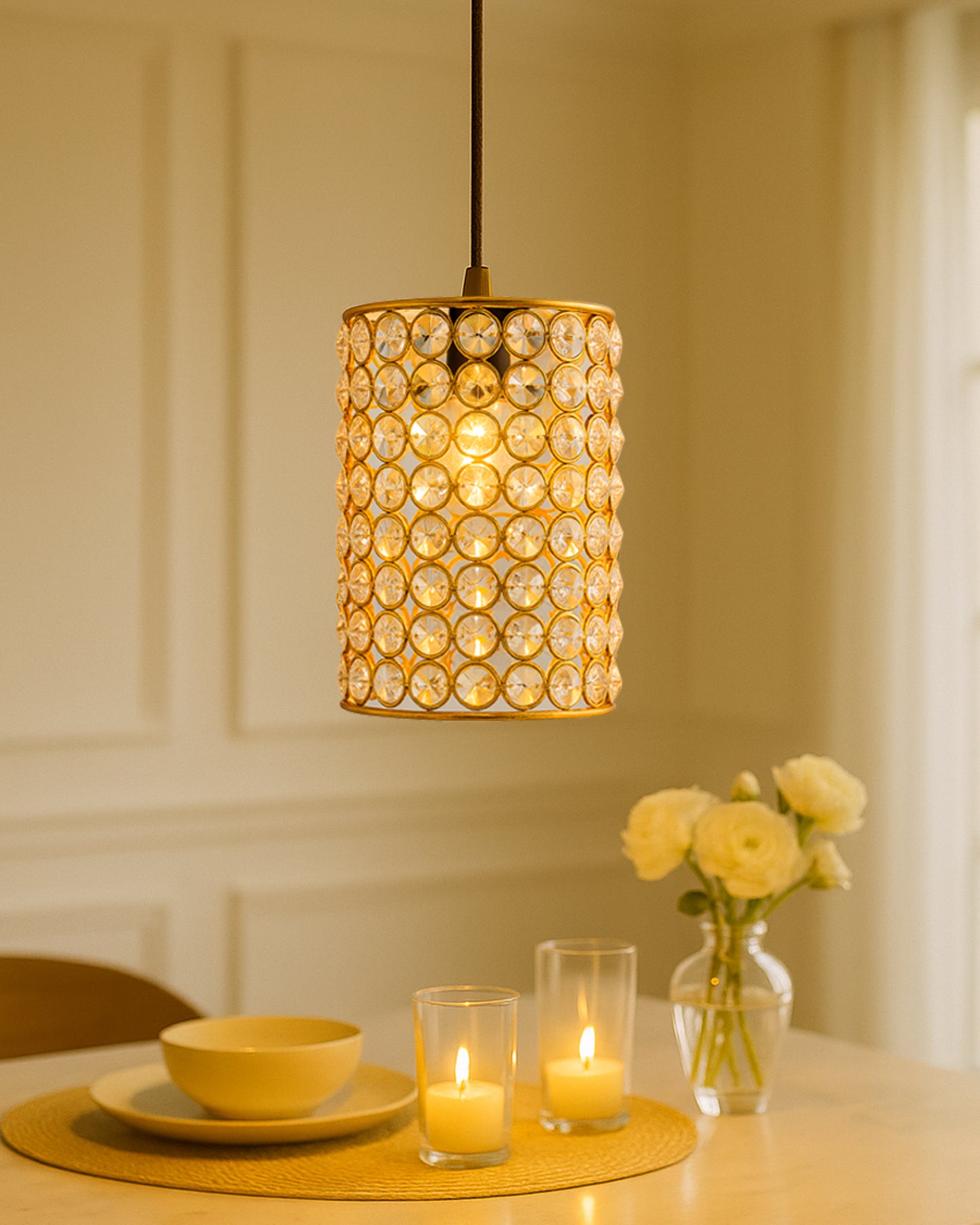 Crystal Hanging Copper Barrel Pendant, Rose Gold, Hanging Ceiling Light, Small