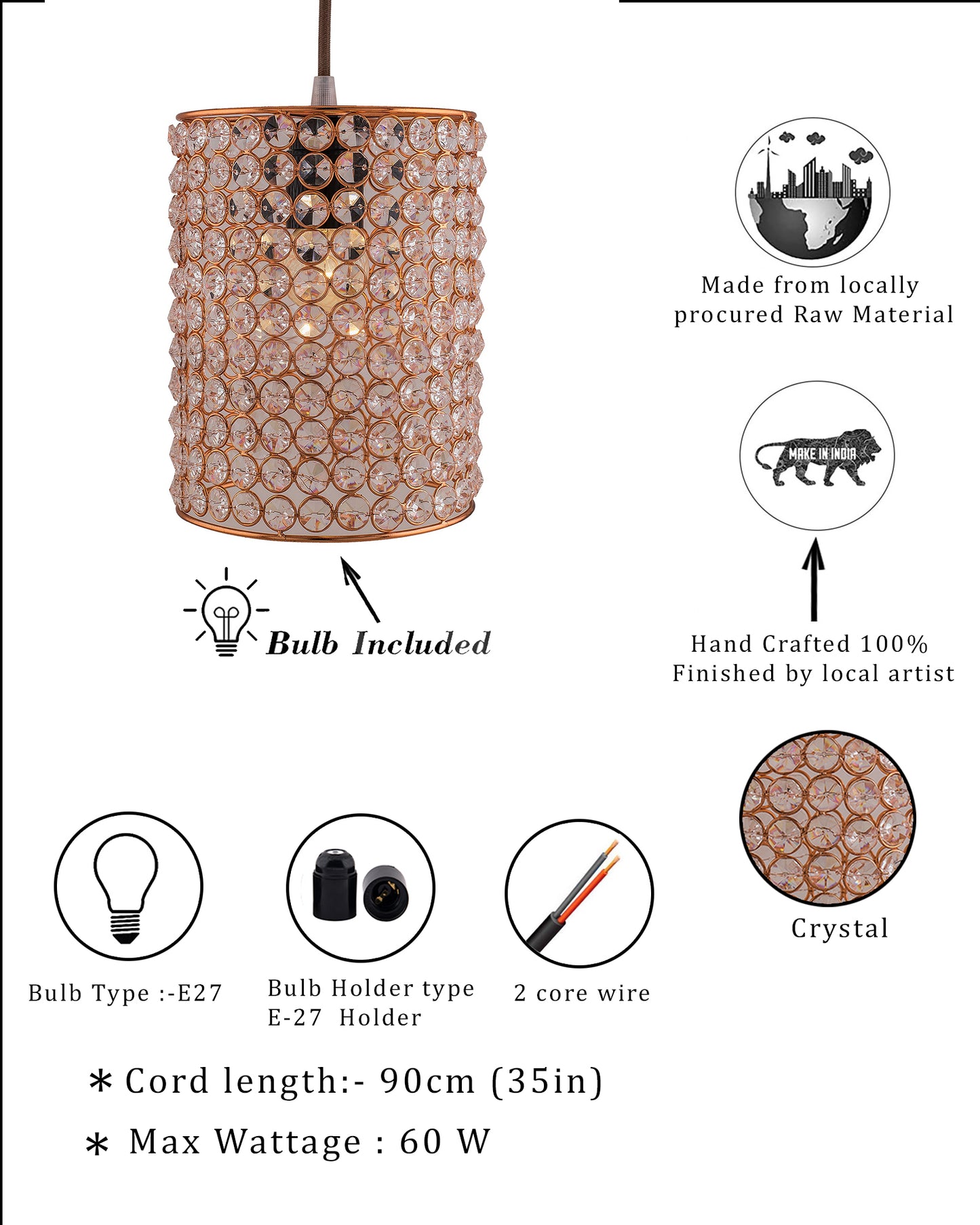 Crystal Hanging Copper Barrel Pendant, Rose Gold, Hanging Ceiling Light, Small