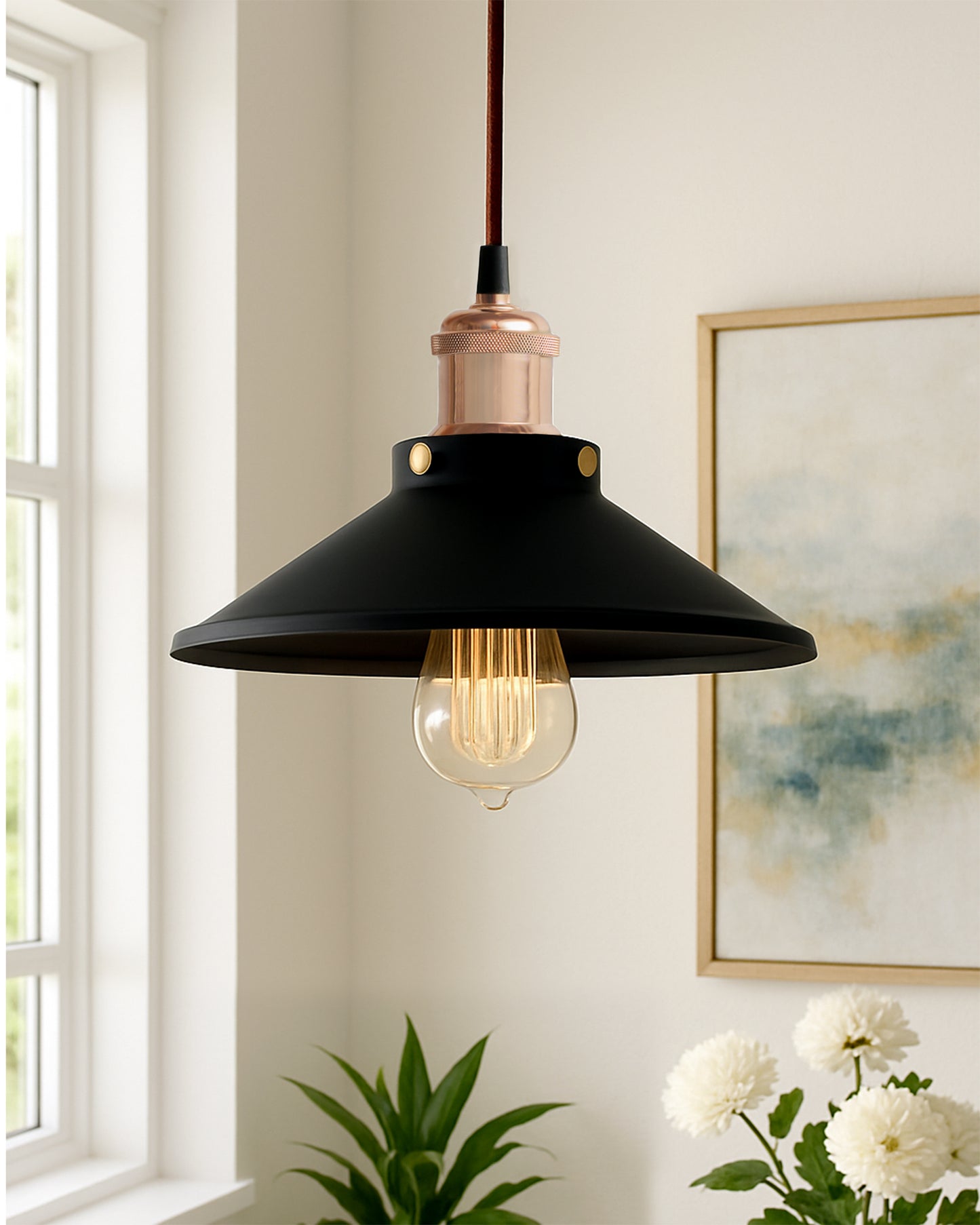 Single Black Cone Pendant with Holder, E27, Modern Nordic Hanging Ceiling Light