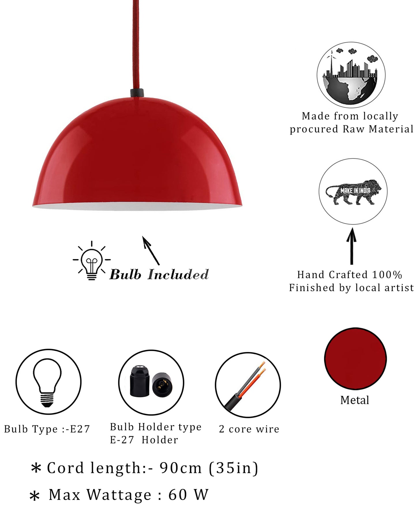 Metallic Pendant hanging light, hanging lamp 8"