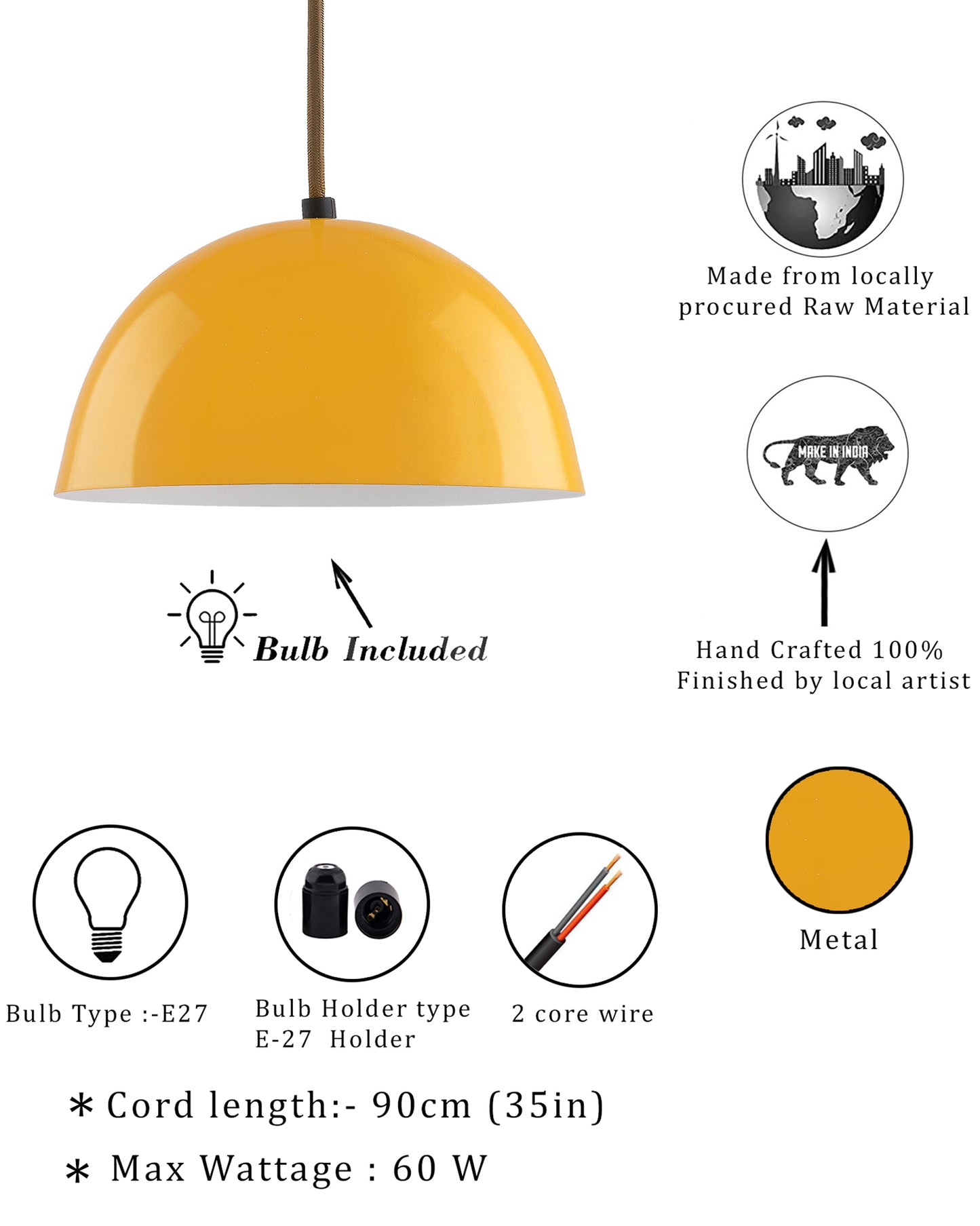 Metallic Pendant hanging light, hanging lamp 8"