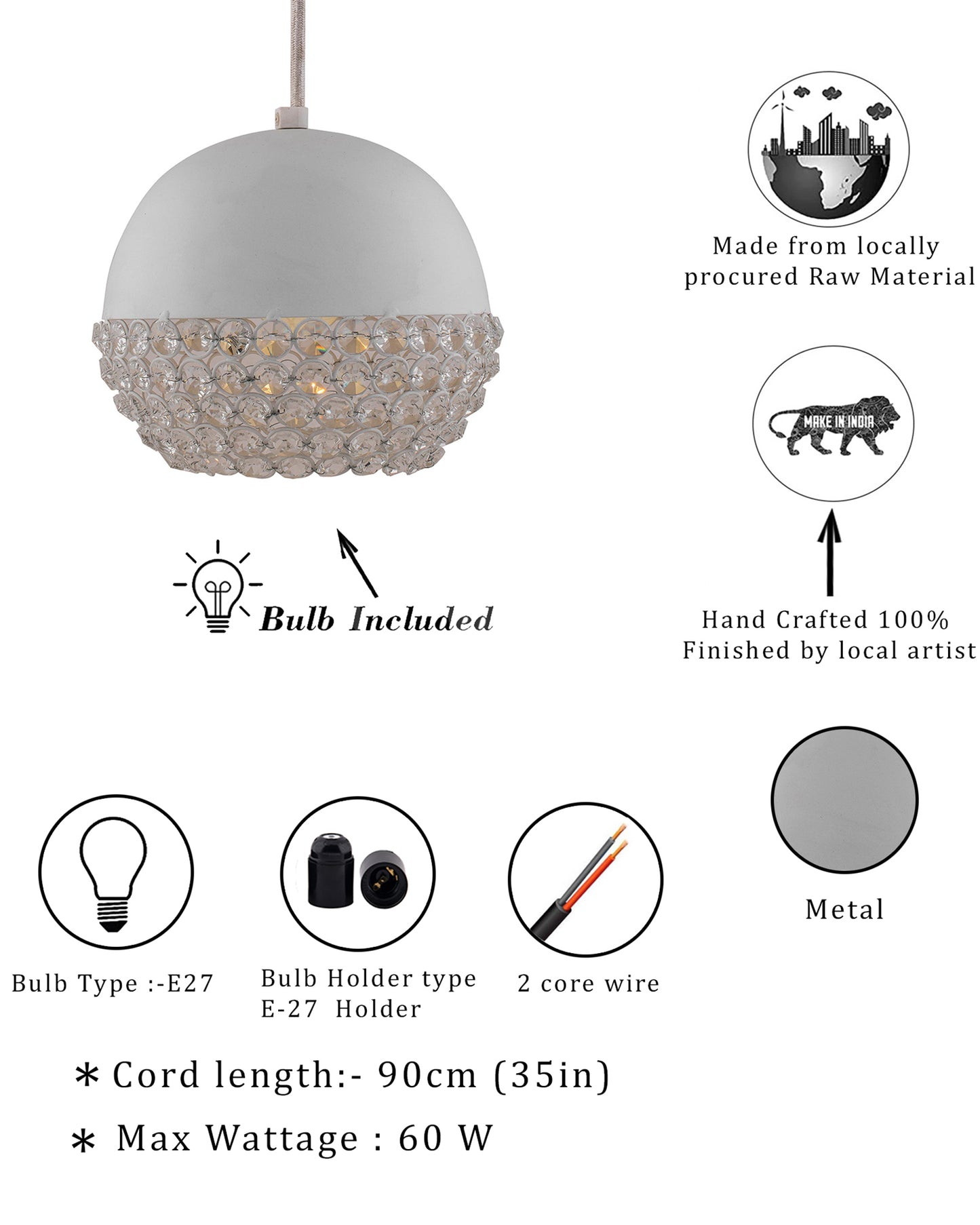 Matt White Crystal Hanging Globe Light, Ceiling Light, Nordic E27 Pendant