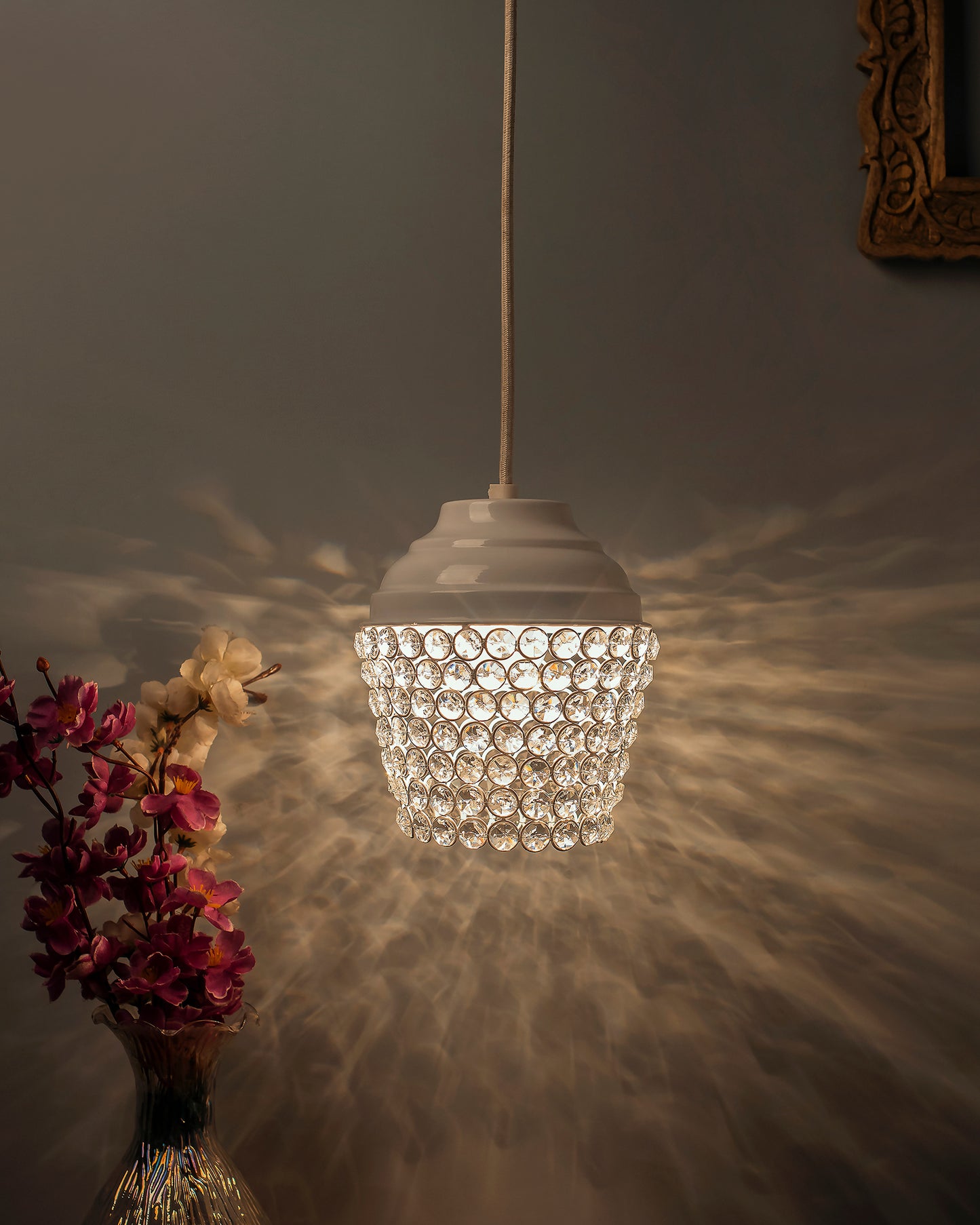 Matt White Crystal Hanging Lantern Light, Ceiling Light, Nordic E27 Pendant