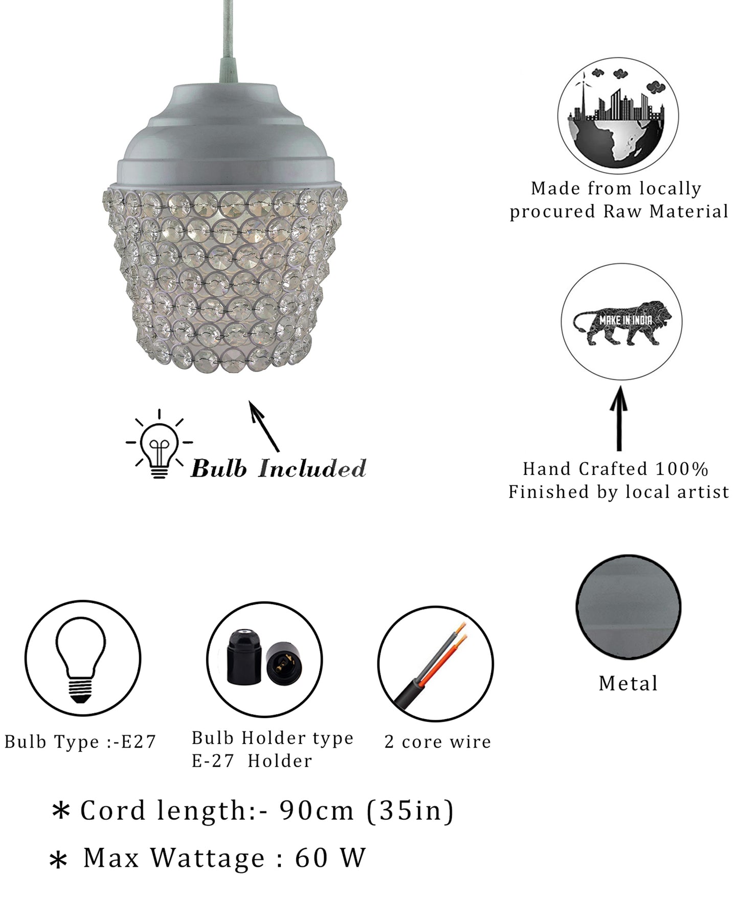 Matt White Crystal Hanging Lantern Light, Ceiling Light, Nordic E27 Pendant