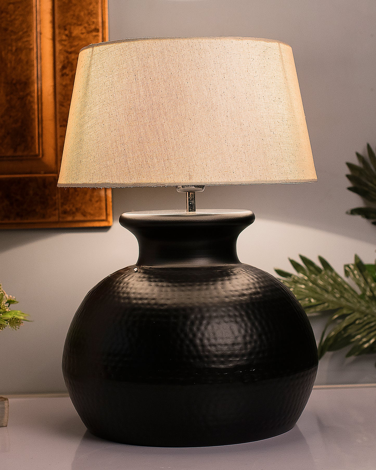 Matt Black Hammered Pitcher Table Lamp with Drum Shade