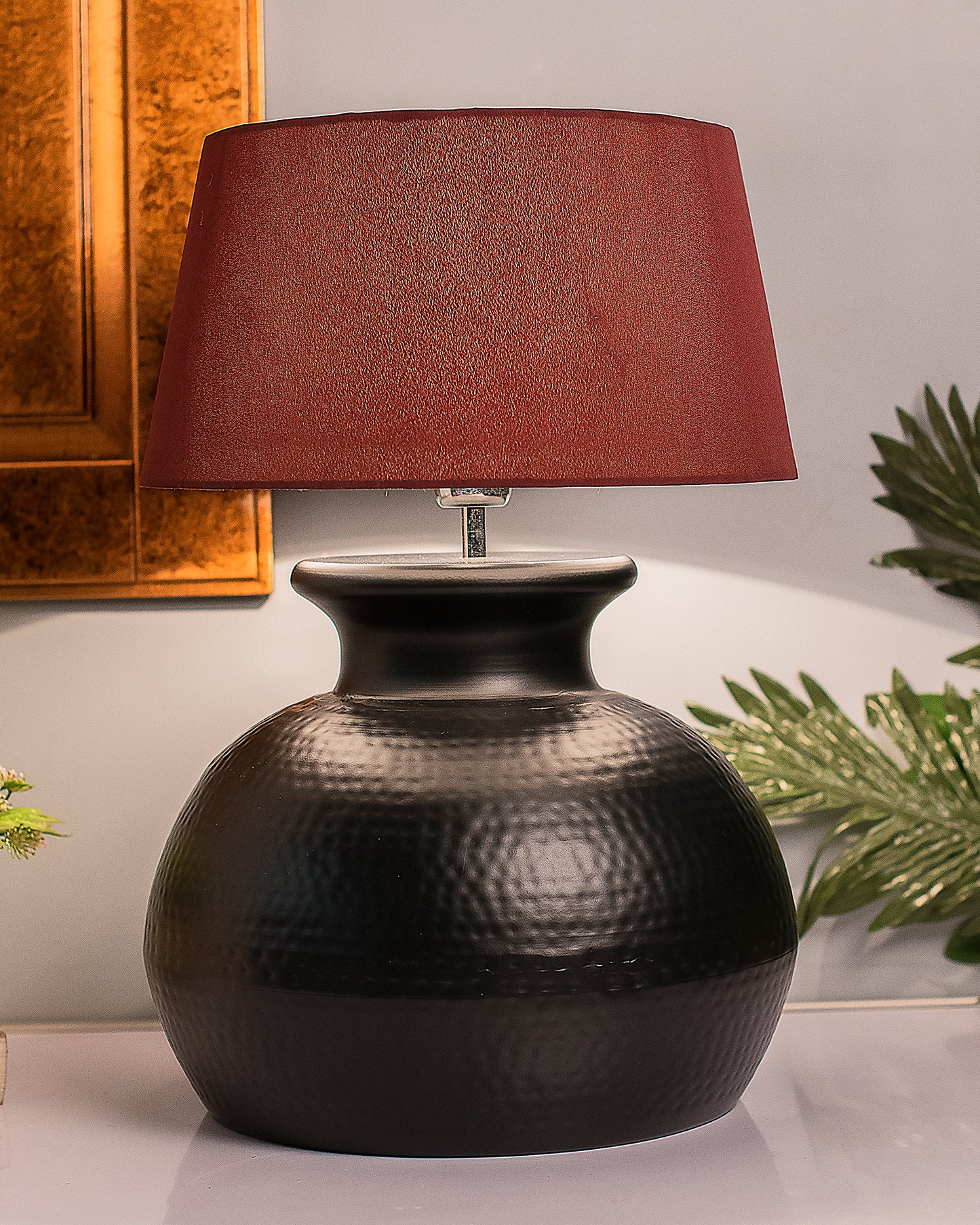 Matt Black Hammered Pitcher Table Lamp with Drum Shade