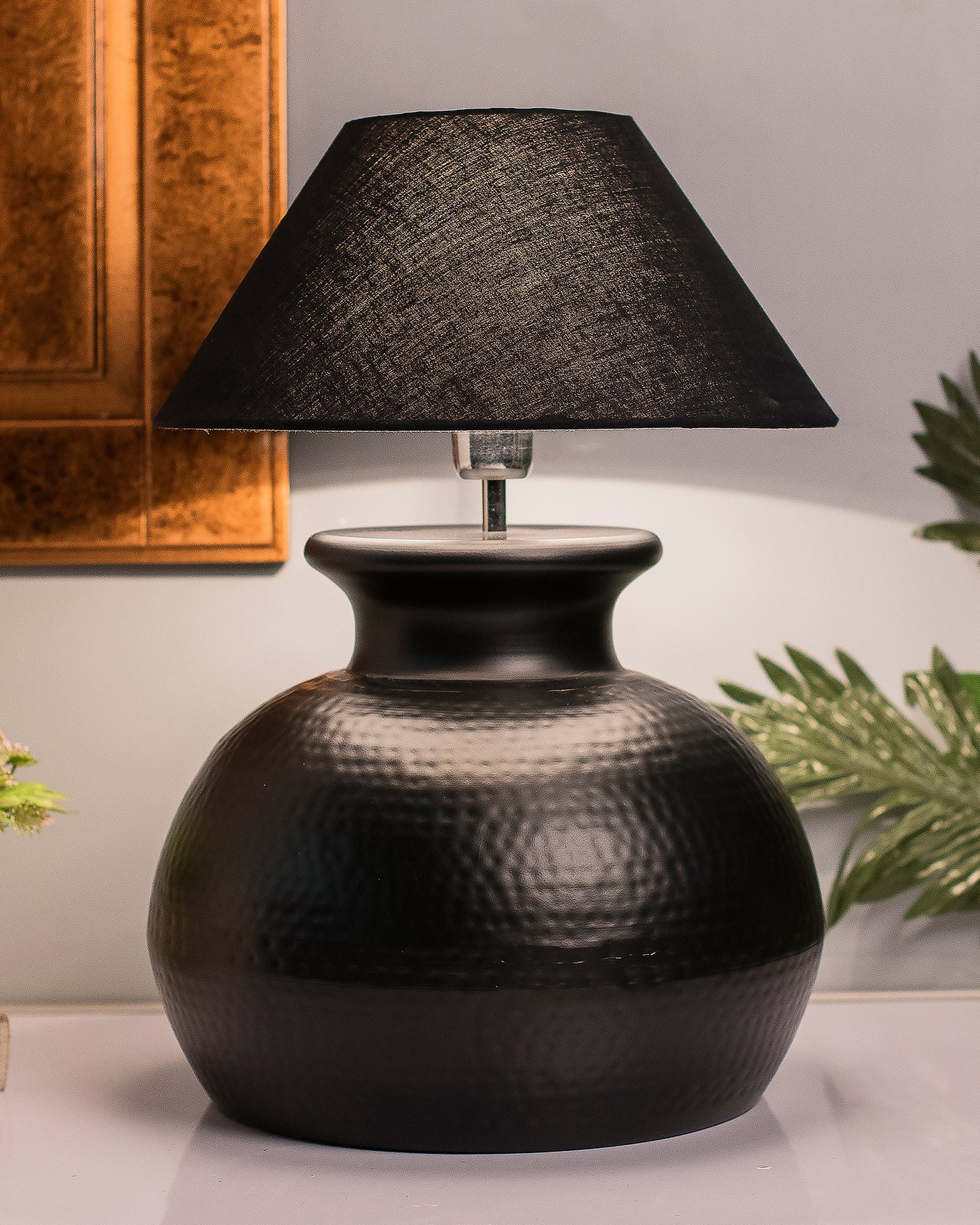 Matt Black Hammered Pitcher Table Lamp with Cone Shade