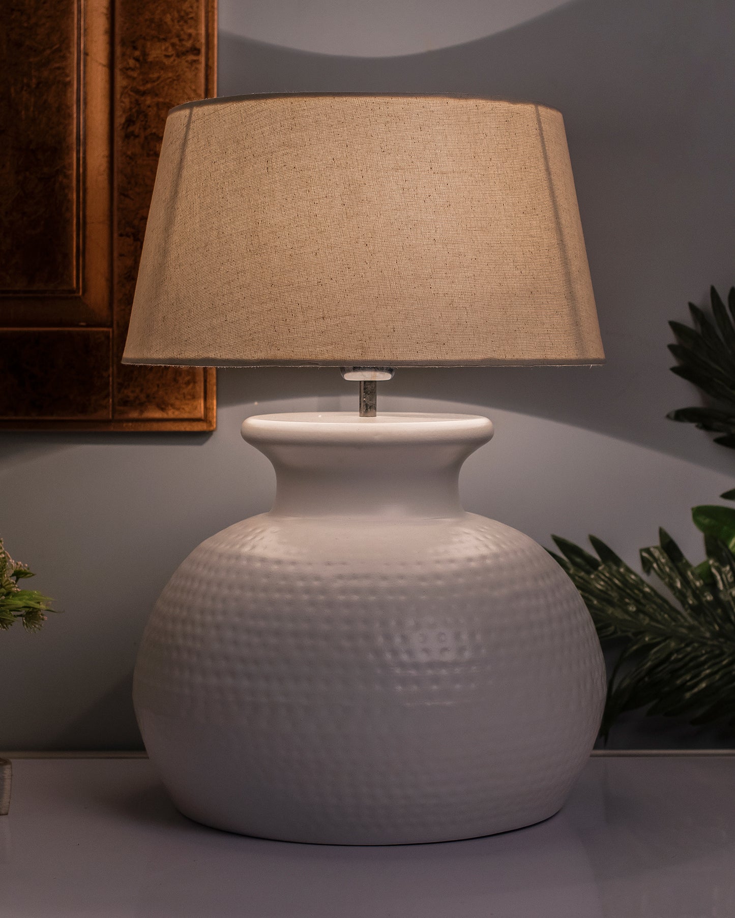 Matt White Hammered Pitcher Table Lamp with Drum Shade
