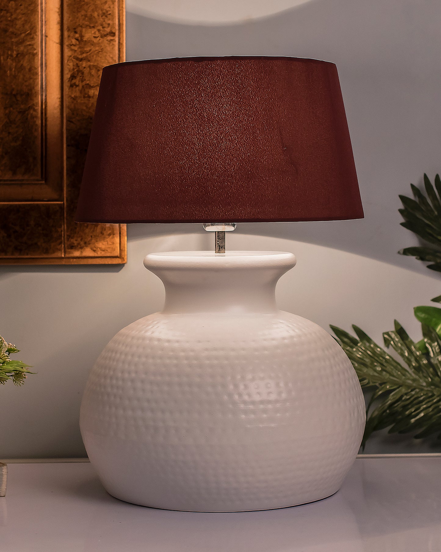 Matt White Hammered Pitcher Table Lamp with Drum Shade