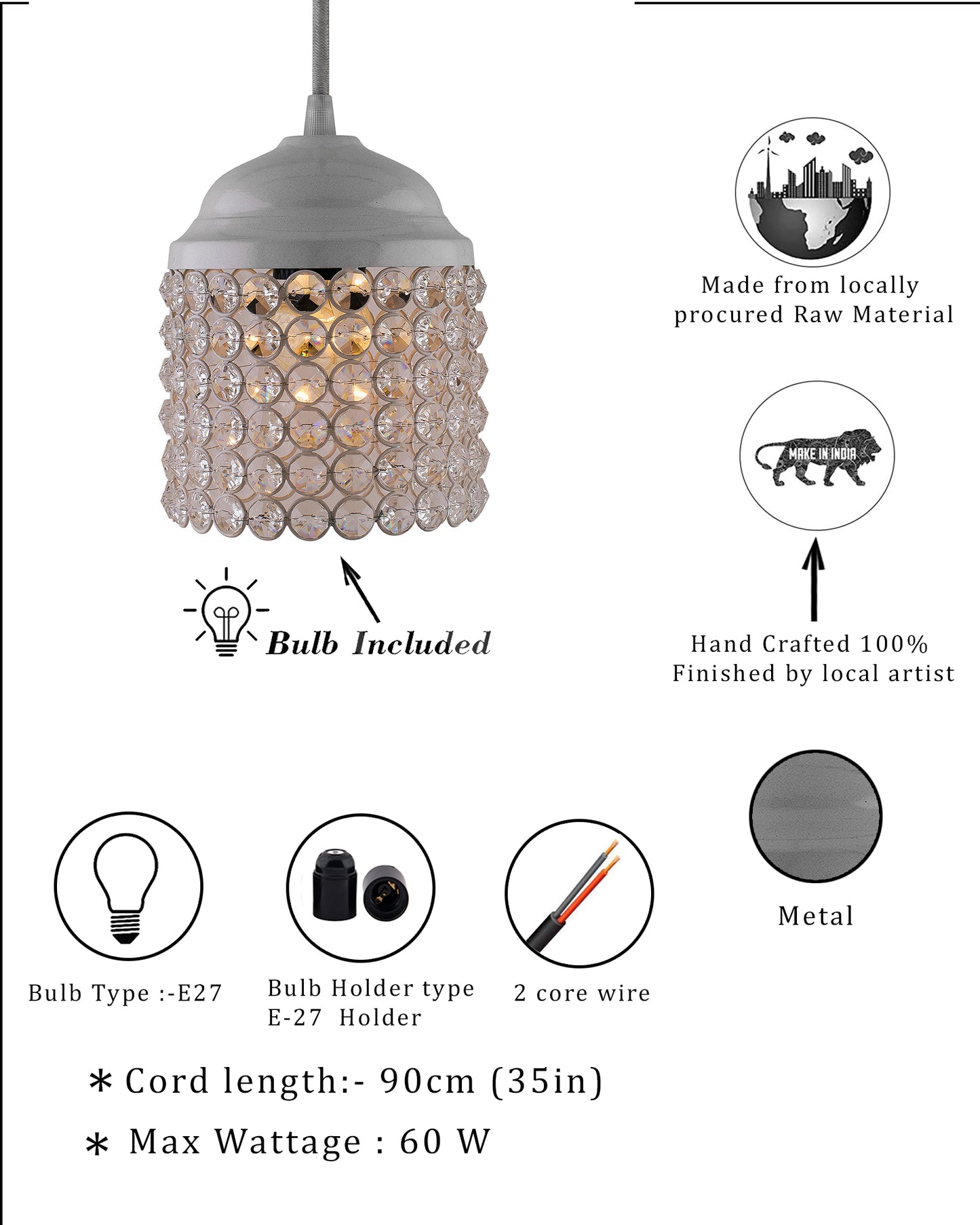 White Crystal Hanging Cylinder Light, Ceiling Light, Nordic E27 Pendant