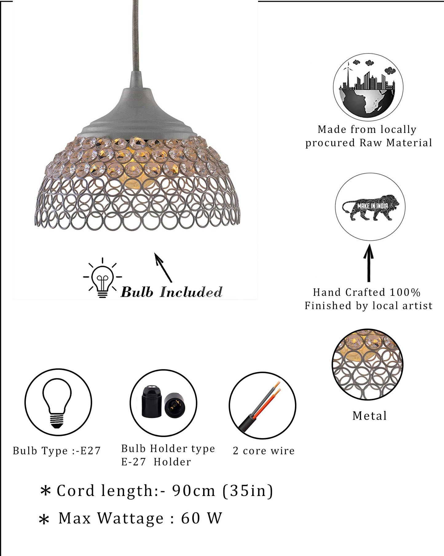 White Crystal Hanging Hemisphere Light, Ceiling Light, Nordic E27 Pendant