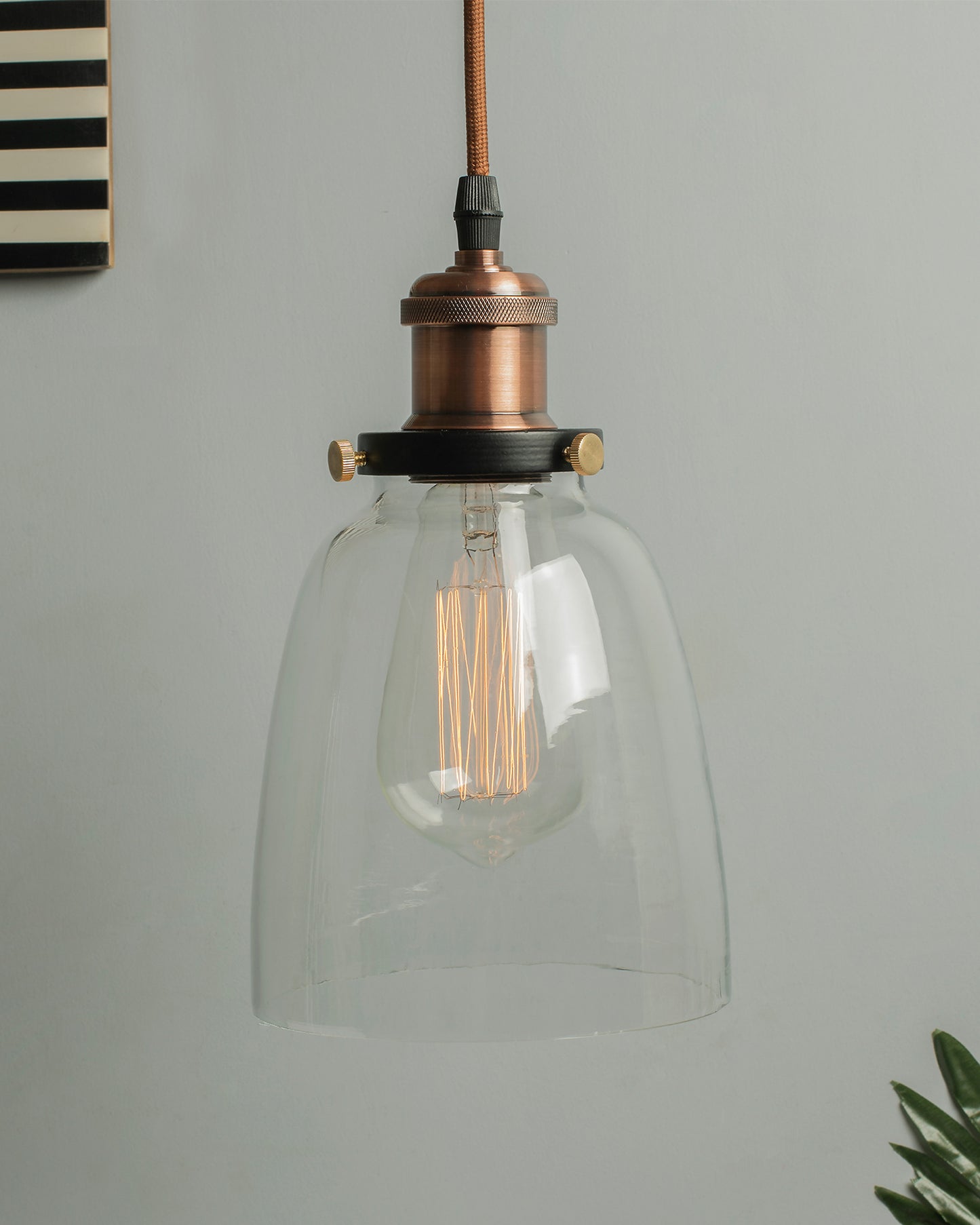 Pendant Light with Bell Glass Shade, Metal Base Cap and Adjustable Textile Cord, Industrial Style Retro Hanging Lamps for Dining Living Room