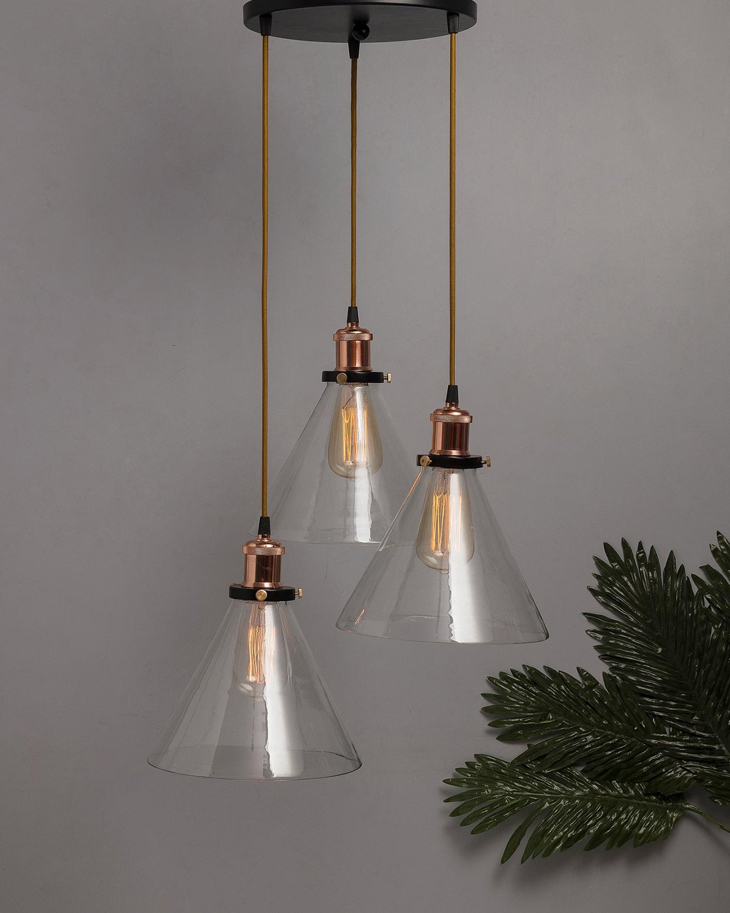 3-Lights Round Cluster Chandelier Modern Glass Cone Shaped Hanging Light, Antique Socket, E27 Holder, Decorative, Copper, URBAN Retro, Nordic Style