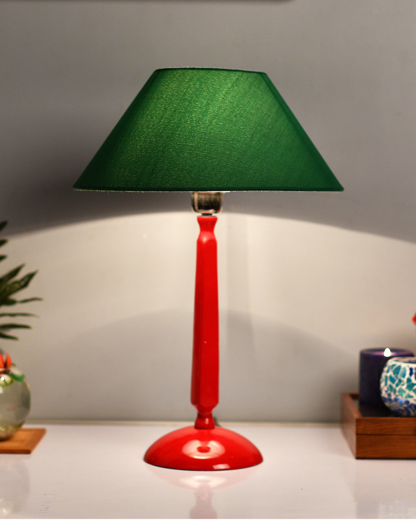 Glossy Red Cubist Aluminium Table Lamp With Cone Shade, Bedside, Living Room Study Lamp, Bulb Included