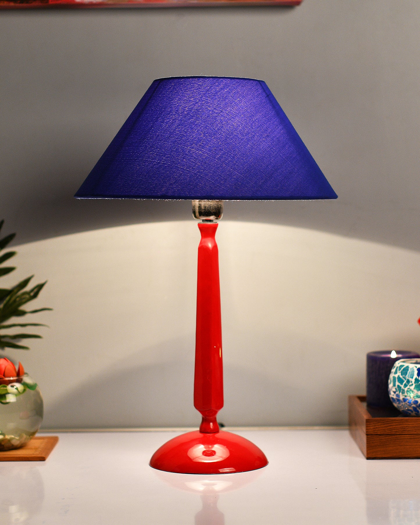 Glossy Red Cubist Aluminium Table Lamp With Cone Shade, Bedside, Living Room Study Lamp, Bulb Included
