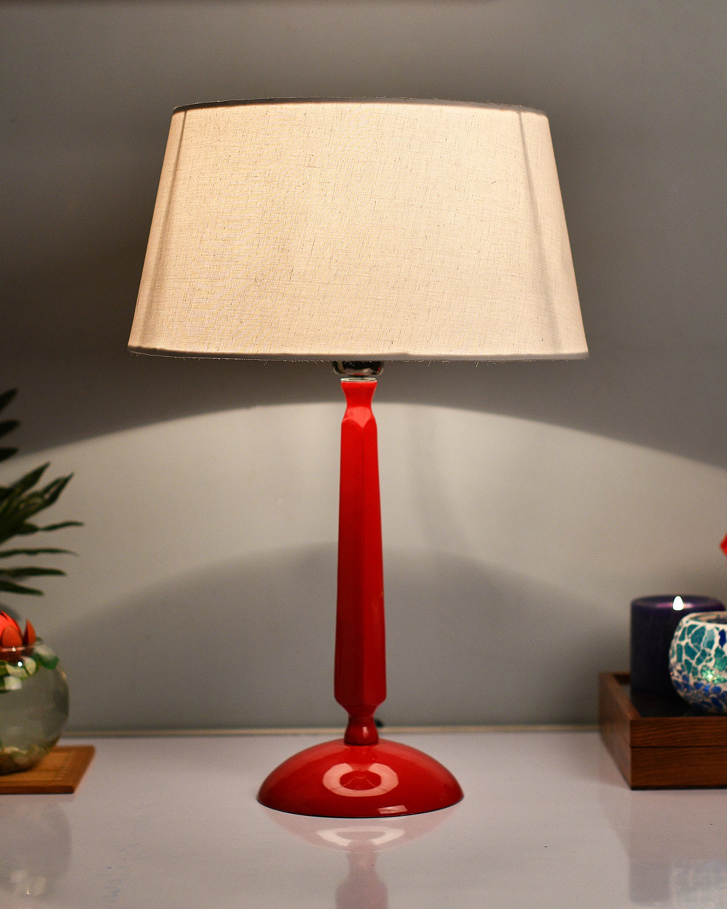Glossy Red Cubist Aluminium Table Lamp With Cone Shade, Bedside, Living Room Study Lamp, Bulb Included