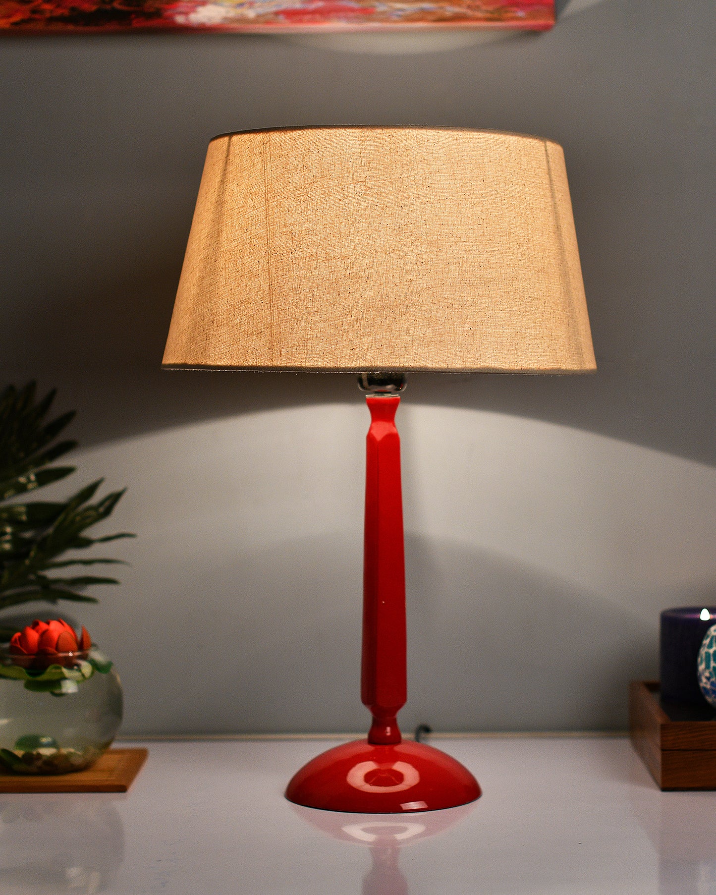 Glossy Red Cubist Aluminium Table Lamp With Cone Shade, Bedside, Living Room Study Lamp, Bulb Included