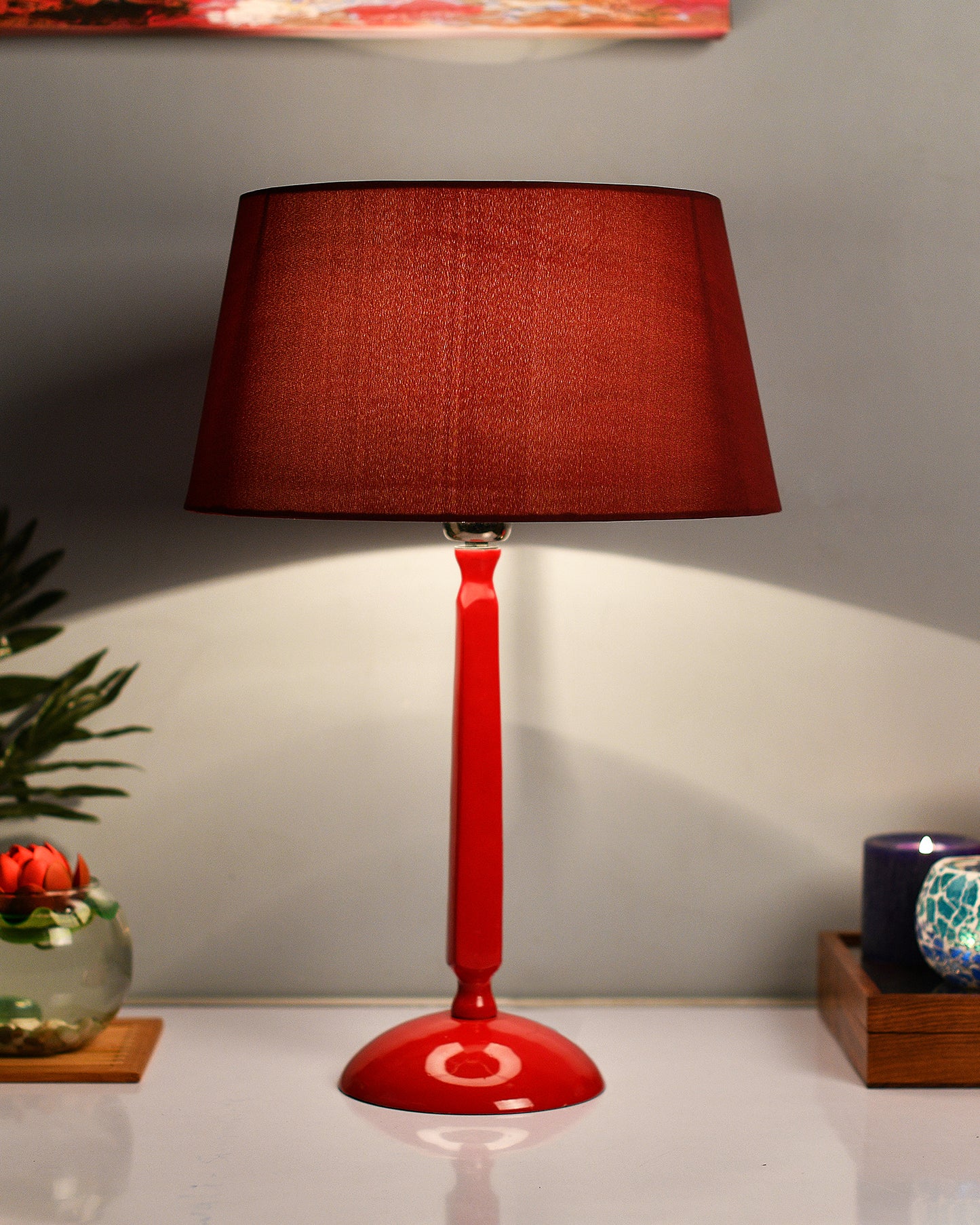 Glossy Red Cubist Aluminium Table Lamp With Cone Shade, Bedside, Living Room Study Lamp, Bulb Included