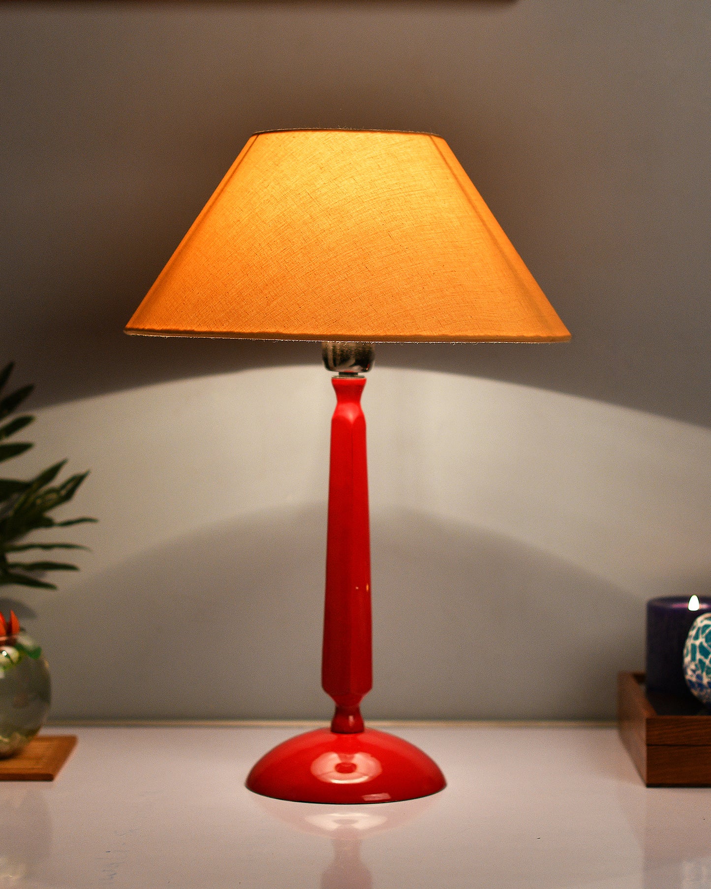Glossy Red Cubist Aluminium Table Lamp With Cone Shade, Bedside, Living Room Study Lamp, Bulb Included