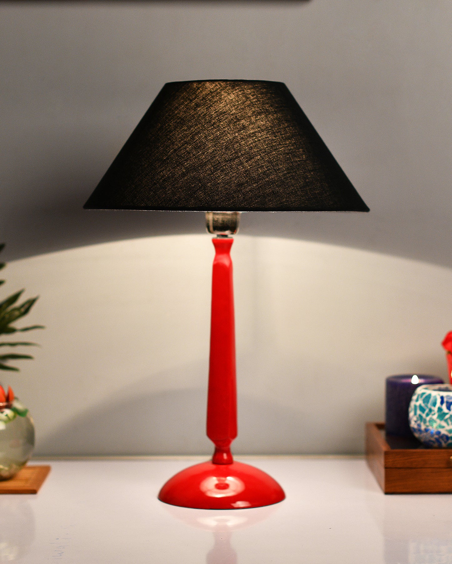 Glossy Red Cubist Aluminium Table Lamp With Cone Shade, Bedside, Living Room Study Lamp, Bulb Included