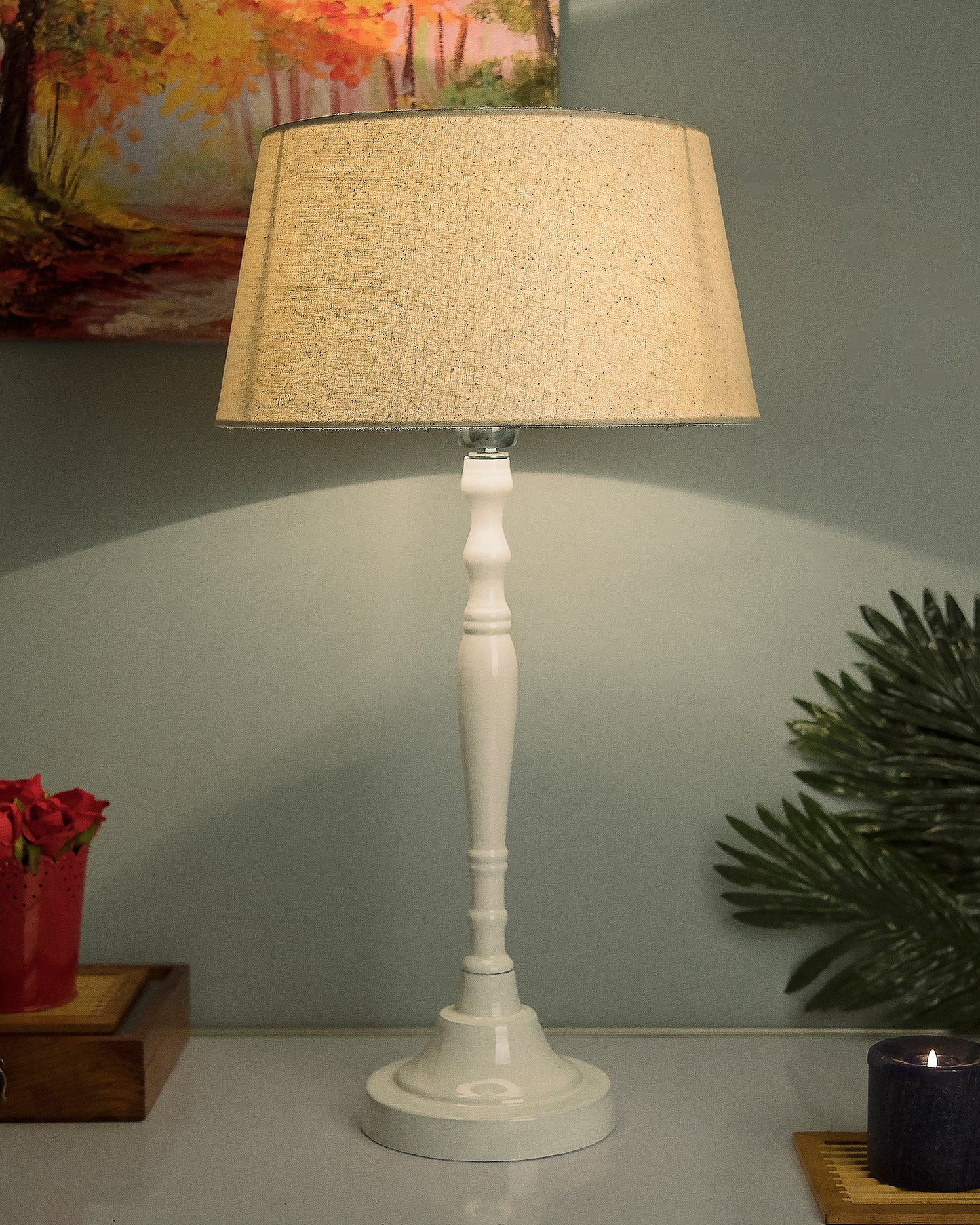 Glossy White Imperial Aluminium Table Lamp With Cone Shade, Bedside, Living Room Study Lamp, Bulb Included