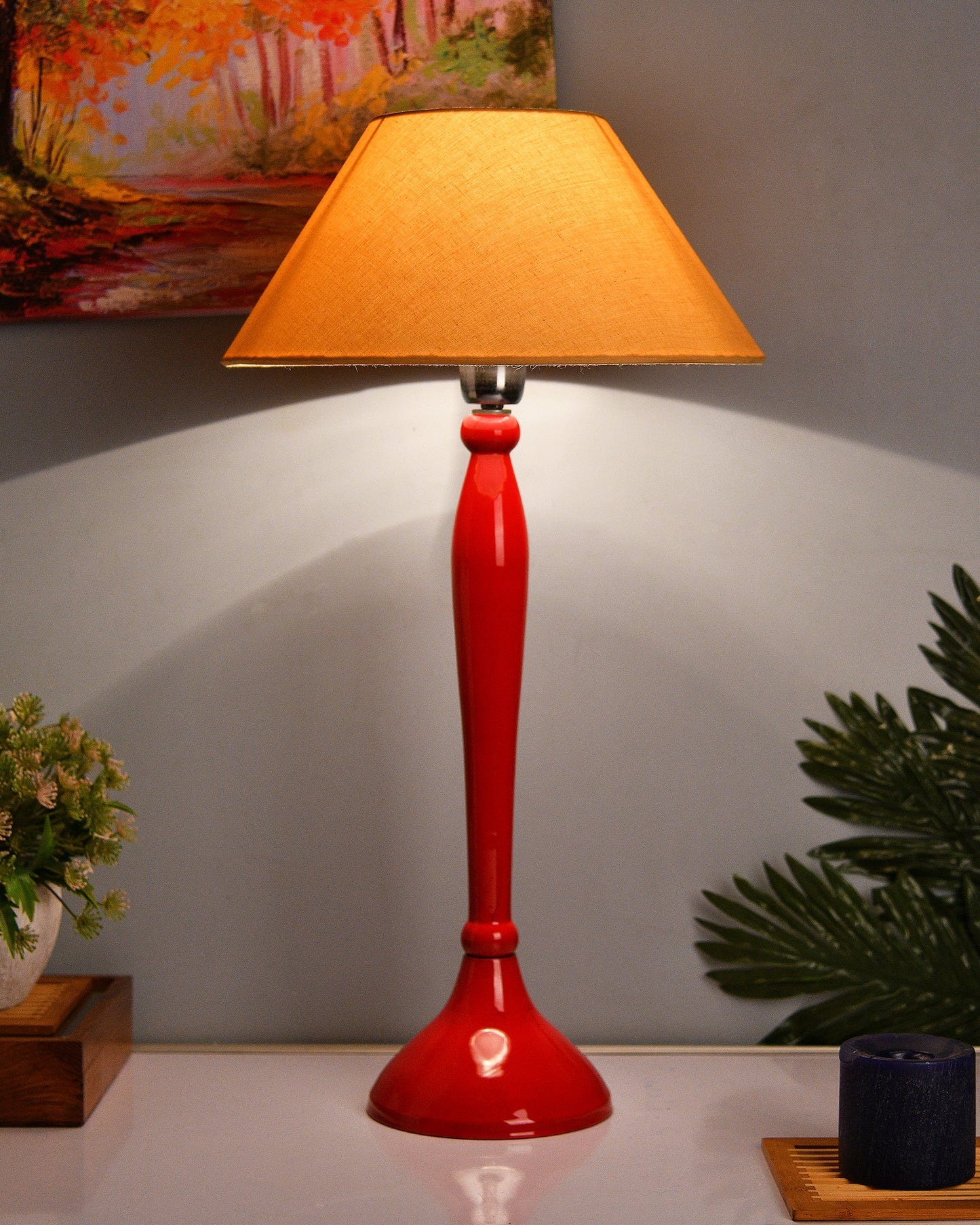 Glossy Red Royal Ovoid Aluminium Table Lamp With Cone Shade, Bedside, Living Room Study Lamp, Bulb Included