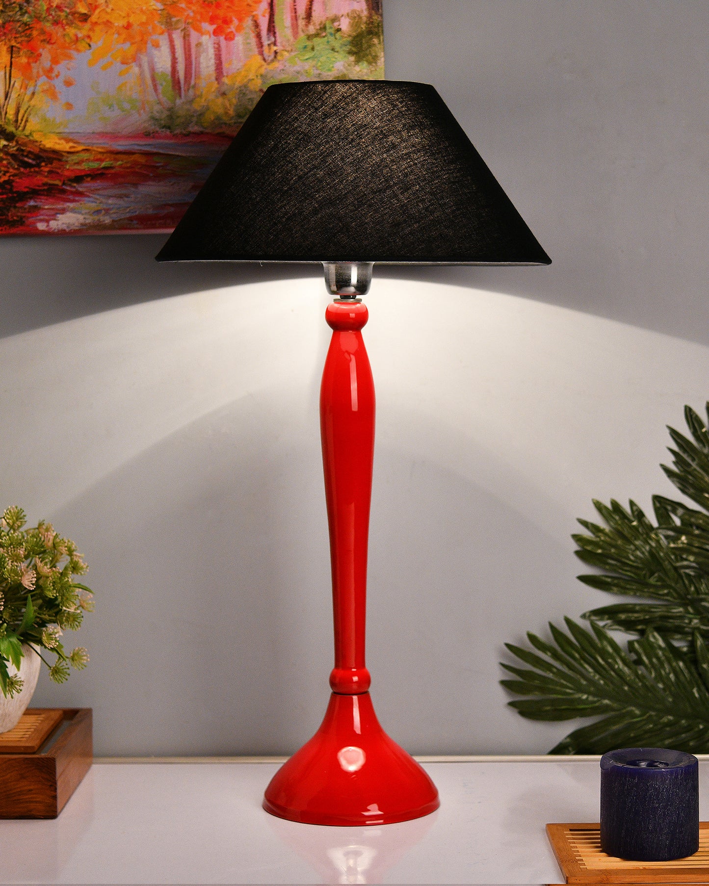 Glossy Red Royal Ovoid Aluminium Table Lamp With Cone Shade, Bedside, Living Room Study Lamp, Bulb Included