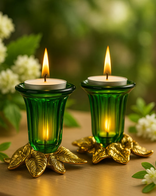 Antique Gold Candle Stand Grapevine, Diya Holder, Set of Two