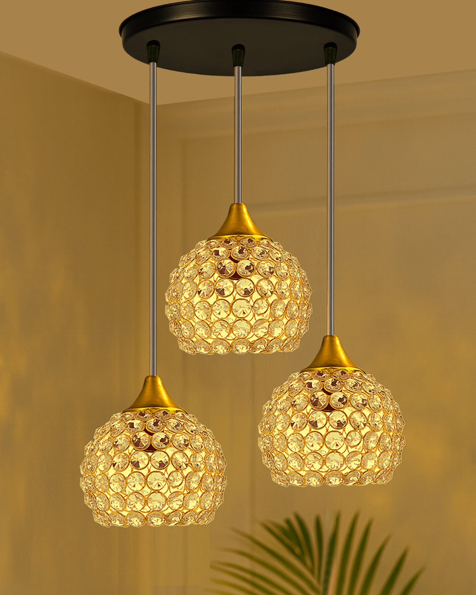 3-Lights Round Golden Cluster Chandelier Crystal Half Globe Hanging Light, E27 Holder, Decorative, URBAN Retro, Nordic Style, LED/Filament Bulb