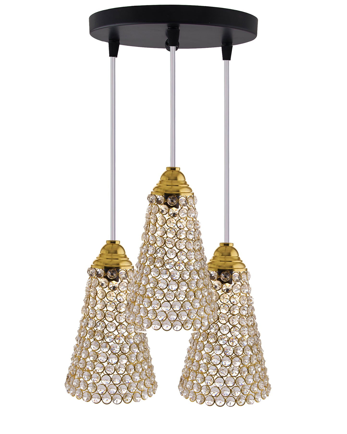 3-Lights Round Golden Cluster Chandelier Crystal Cone Hanging Light, E27 Holder, Decorative, URBAN Retro, Nordic Style, LED/Filament Bulb