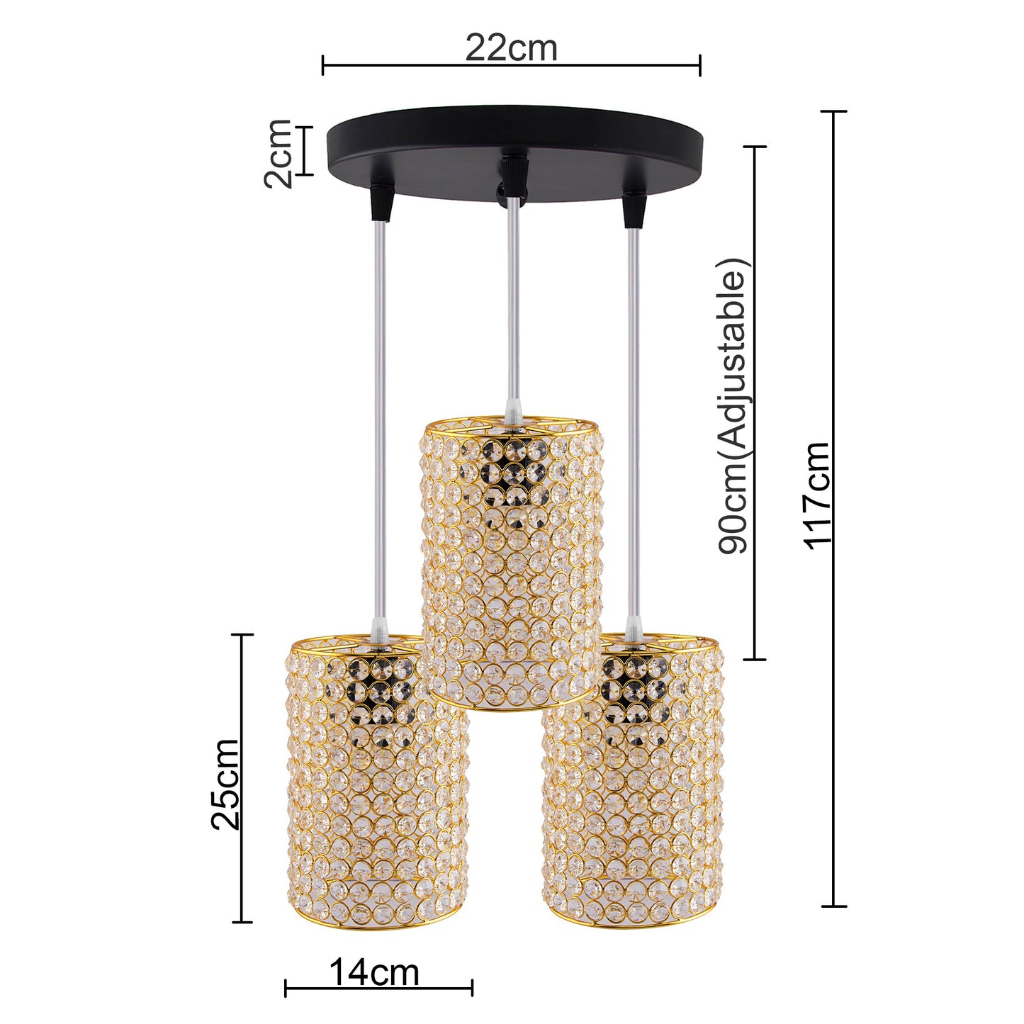3-Lights Round Golden Cluster Chandelier Crystal Golden Barrel Hanging Light, E27 Holder, Decorative, URBAN Retro, Nordic Style, LED/Filament Bulb