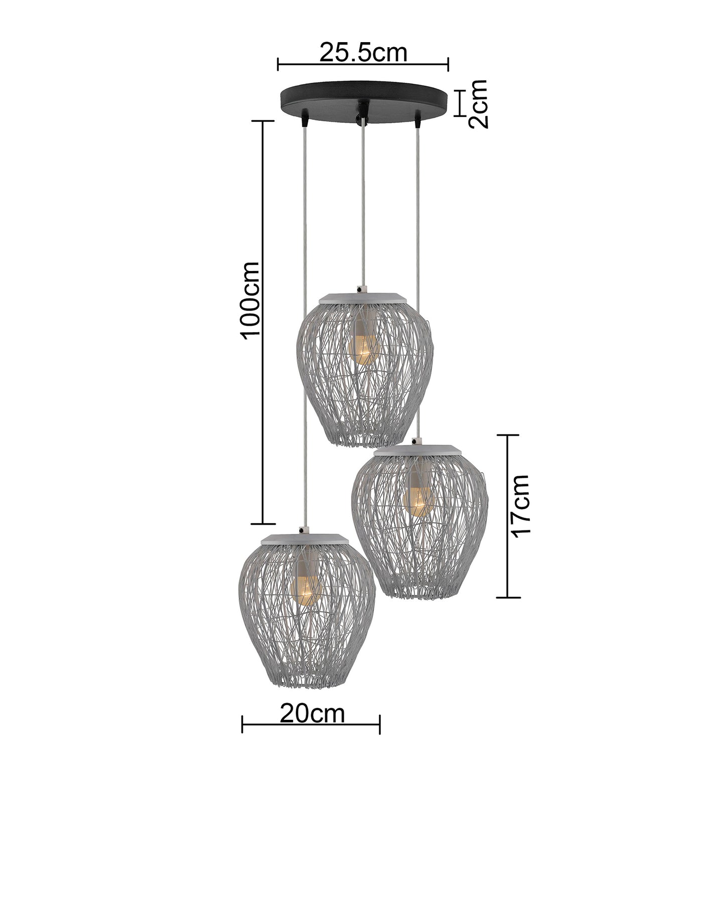 3-Lights Round Cluster Chandelier White Steel Wire Mesh Pendant, Decorative, Black, URBAN Retro, Nordic Style, LED/Filament Bulb