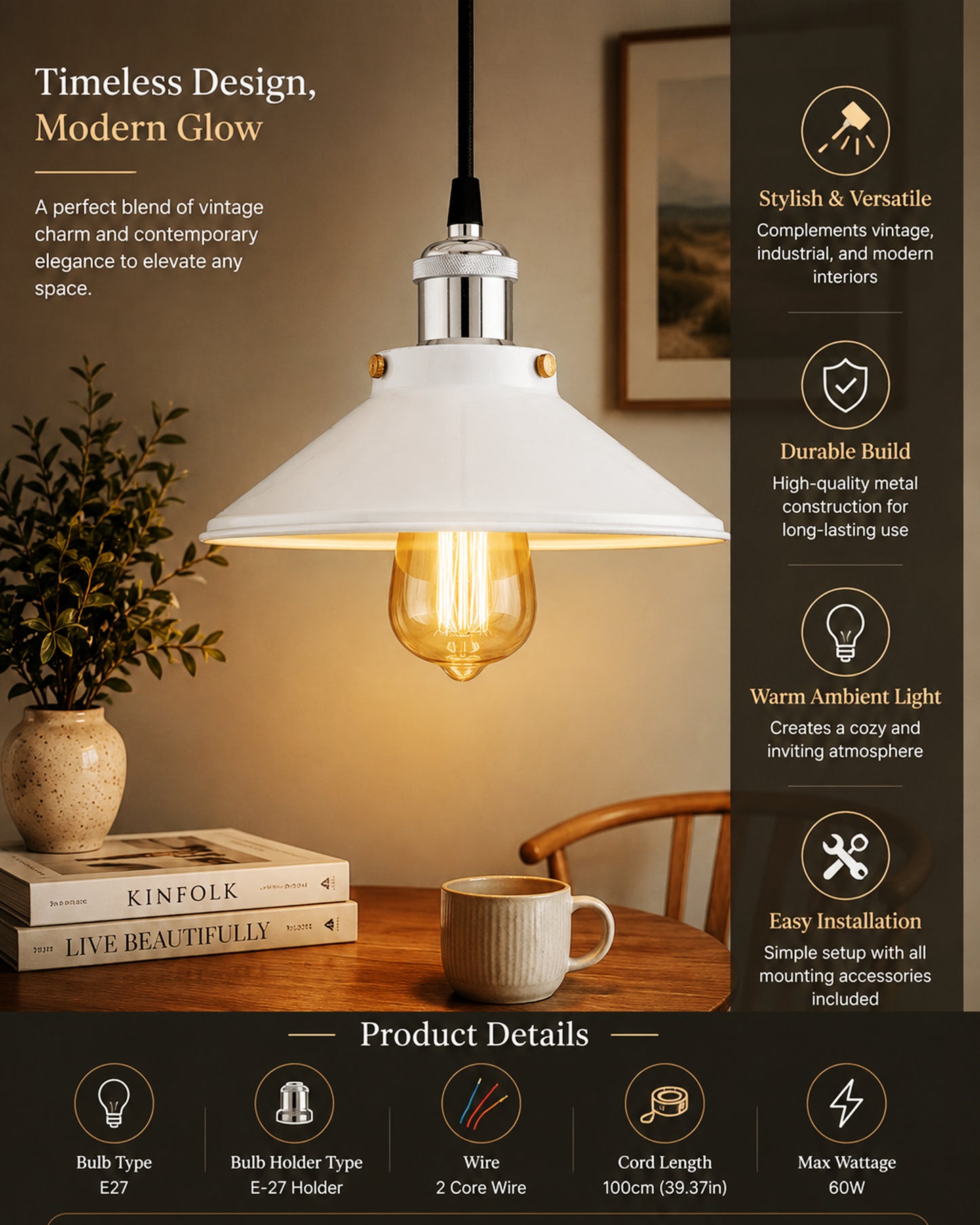 Single White Cone Pendant with Antique Holder, E27, Modern Nordic Hanging Ceiling Light (Bulb Included)