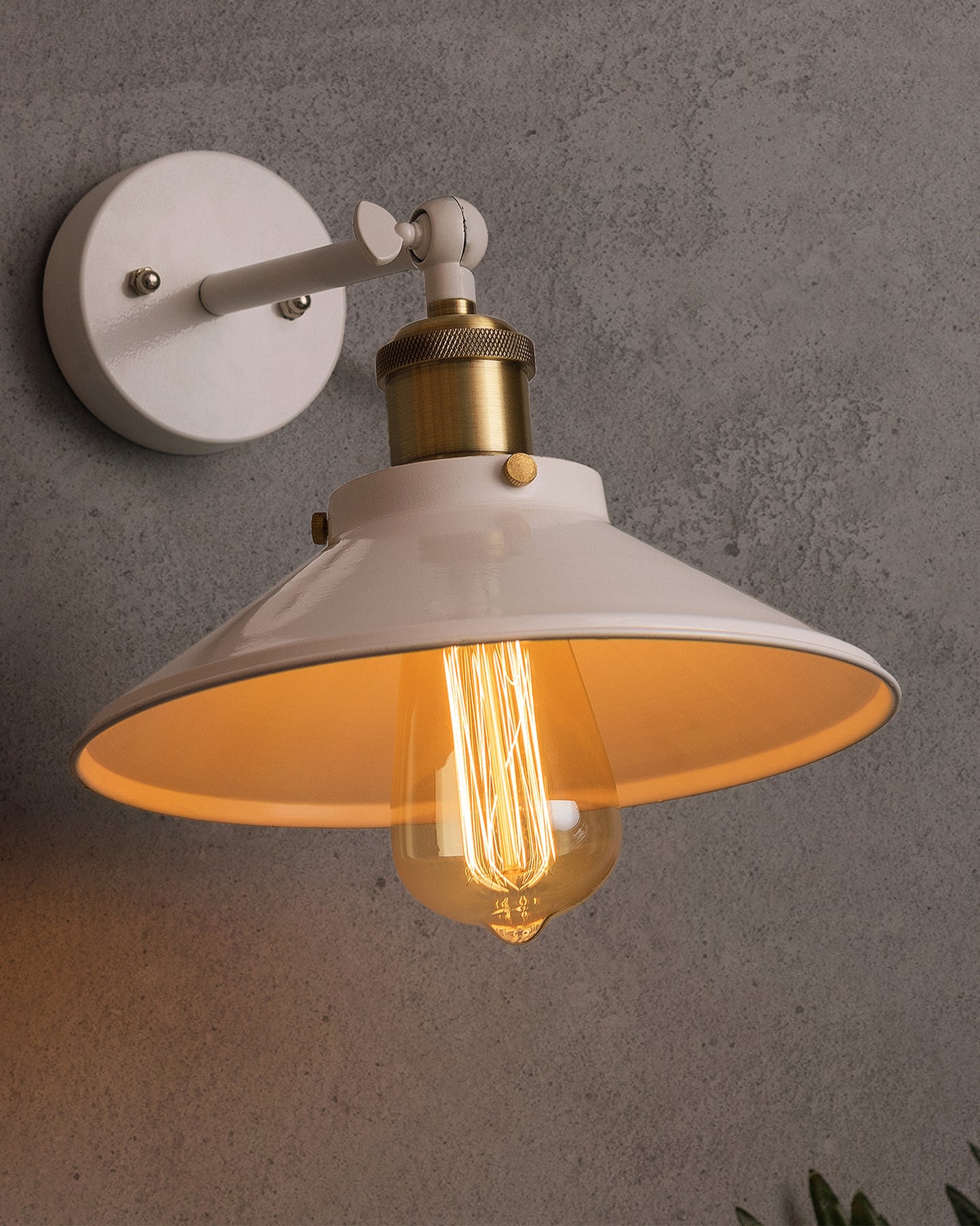 Edison White Cone Shade Wall Lamp, Antique Gold Vintage Industrial Loft, E27 Holder, Decorative, Swing Wall Light
