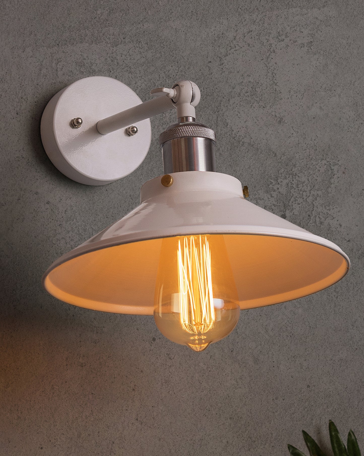 Edison White Cone Shade Wall Lamp, Antique Gold Vintage Industrial Loft, E27 Holder, Decorative, Swing Wall Light