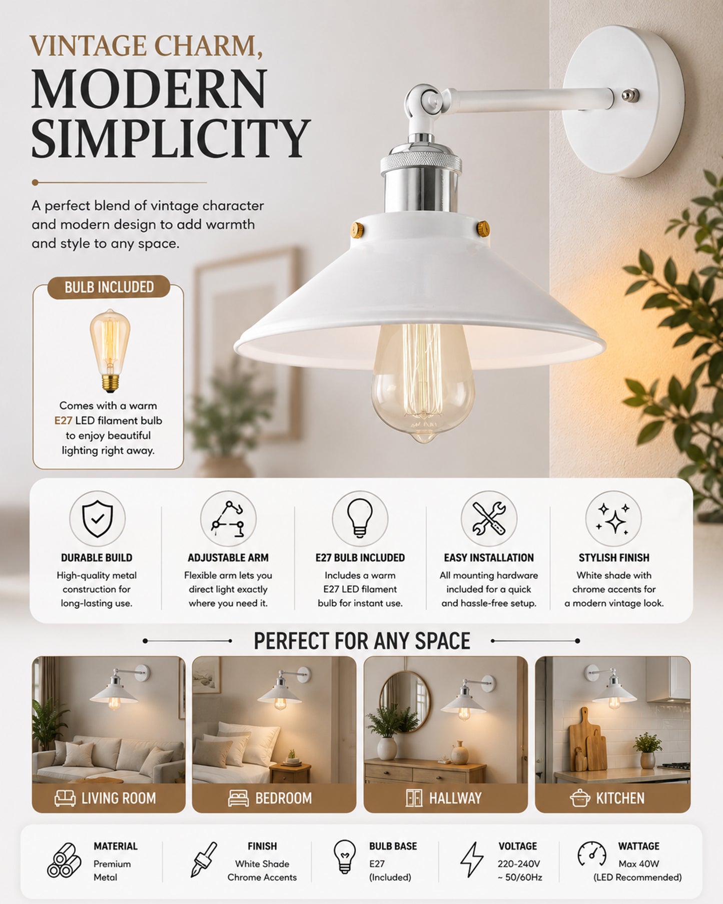 Edison White Cone Shade Wall Lamp, Antique Gold Vintage Industrial Loft, E27 Holder, Decorative, Swing Wall Light