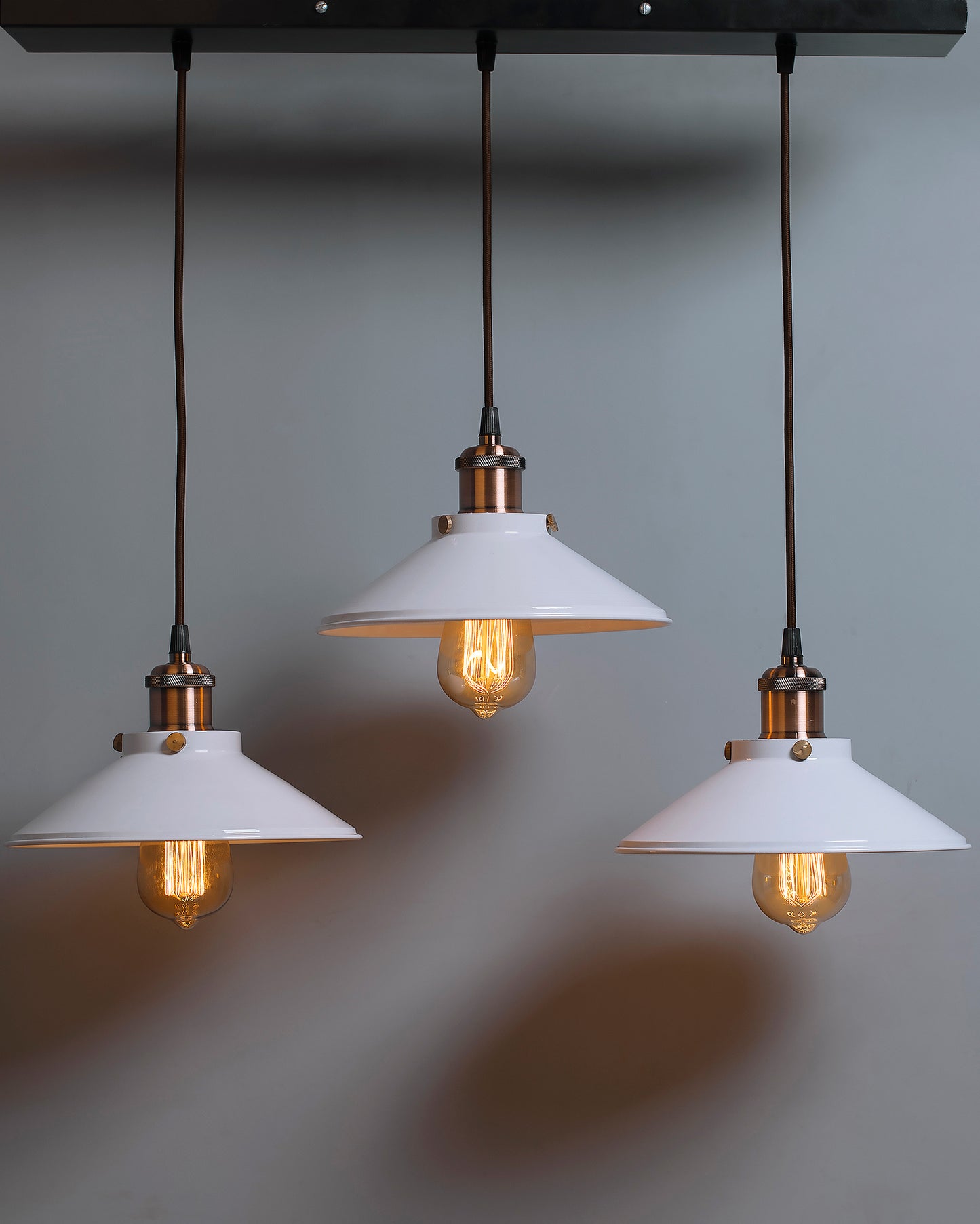 3-Lights Linear White Cone Shade Cluster Chandelier Hanging Light, Decorative, Black, Kitchen Area and Dining Room Light, LED/Filament Light