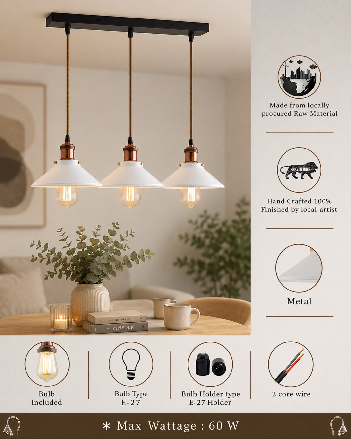 3-Lights Linear White Cone Shade Cluster Chandelier Hanging Light, Decorative, Black, Kitchen Area and Dining Room Light, LED/Filament Light