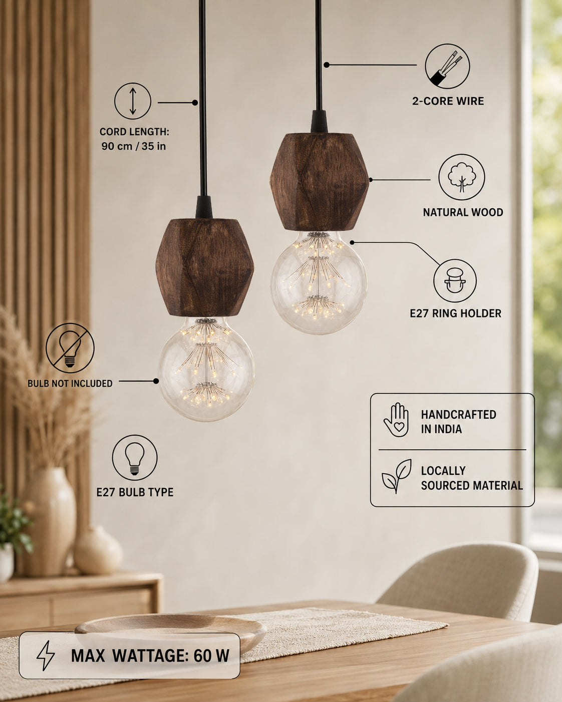 Wooden Finish Hanging Holder Lamp, Hexagon, Set of 2