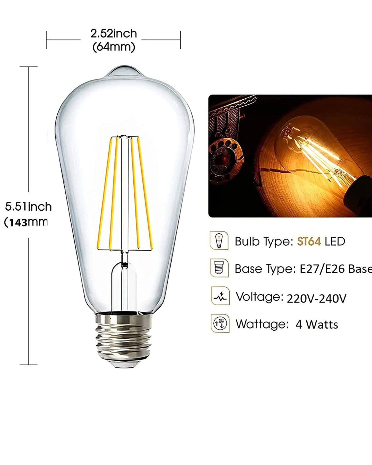 ST64 Pear Shape Filament LED Bulb, 4 Watt, Industrial Decorative Vintage Light Lamp