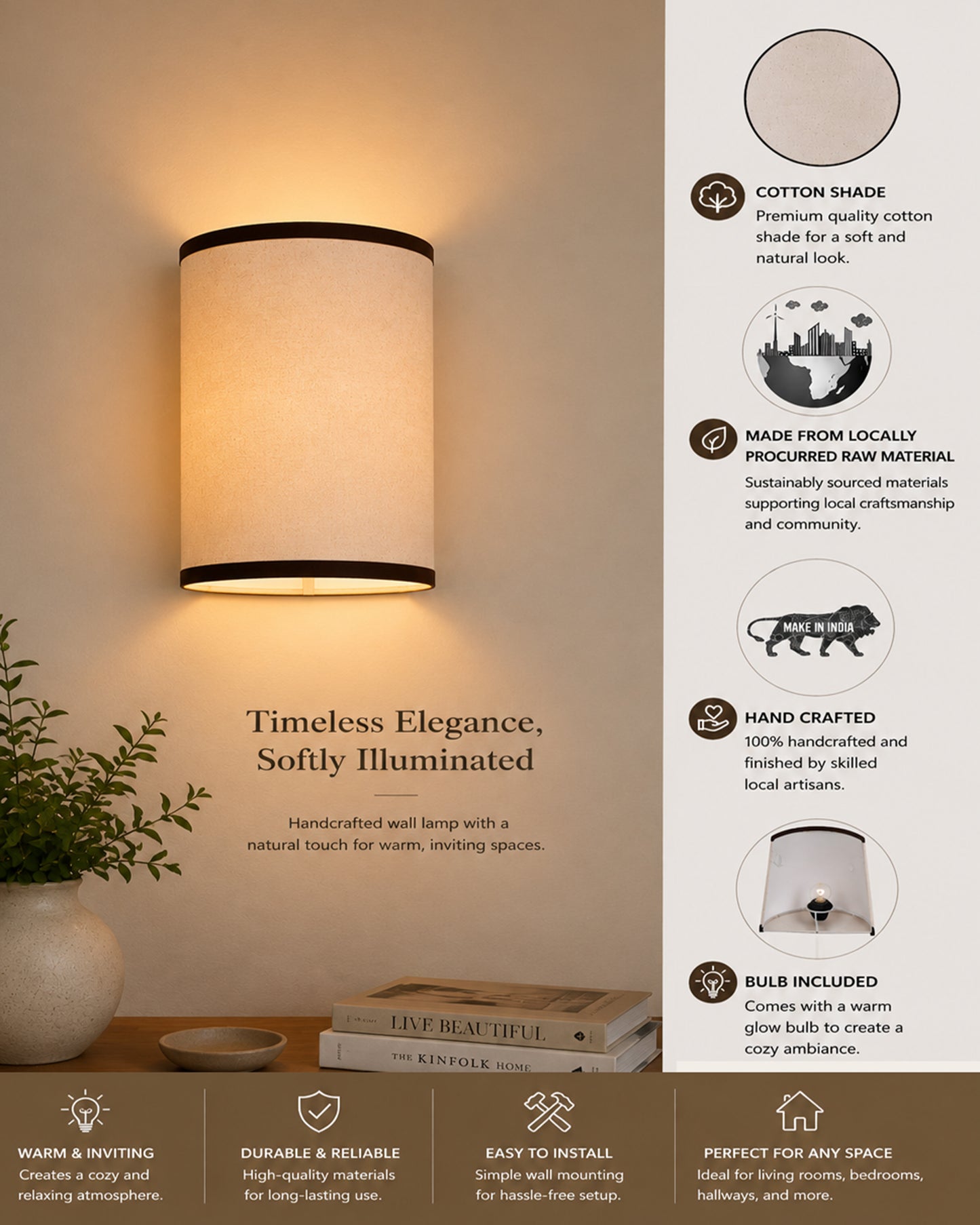 Wall Mounted Sconce Shade Lamp, Door Light E27, Khadi Fabric with Dark Brown Stripes, Taper Square, Modern Wall Light