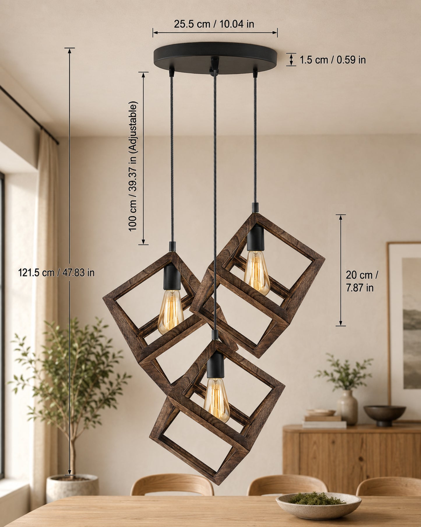 3-Lights Round Cluster Chandelier Modern Nordic Walnut Finish Wooden Pendant Cube Light with Silicone Holder, URBAN Retro, Nordic Style, LED/Filament Bulb