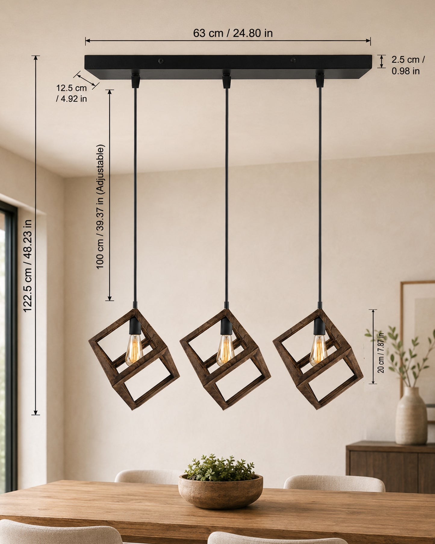 3-Lights Linear Cluster Chandelier Modern Nordic Walnut Finish Wooden Pendant Cube Light with Silicone Holder Pendant Light, Kitchen Area and Dining Room Light, LED/Filament Light