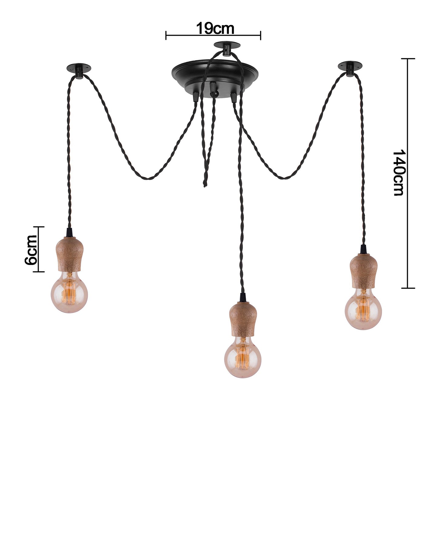 Arms Spider Chandelier Lamp, Natural Bubble Holder, Vintage Edison Style E 27 Adjustable DIY Ceiling Pendant Light, E27 Rustic Cluster Hanging Light(1.25 M, Black Twisted Wire)